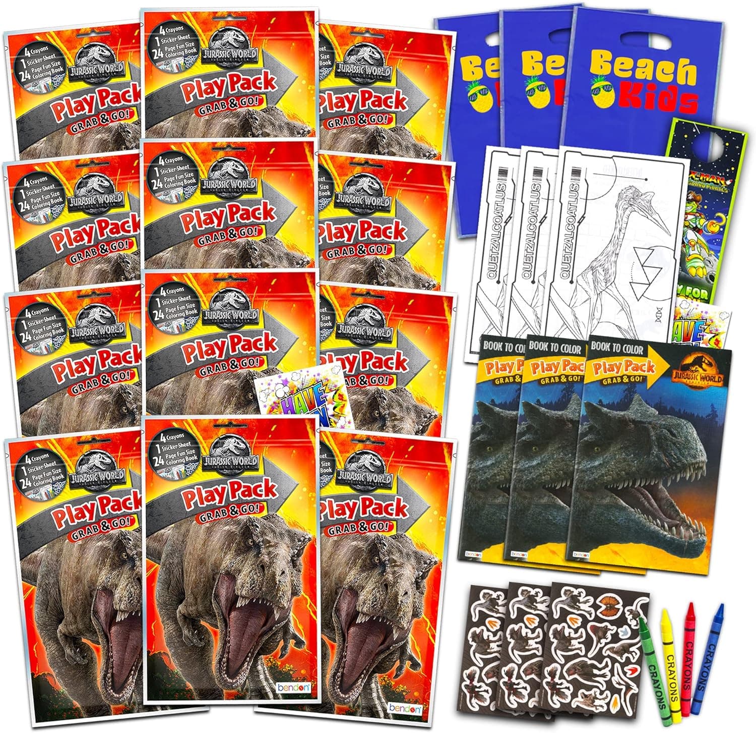 Jurassic World Party Favors Pack ~ Bundle of 12 Jurassic World Play Packs Filled with Stickers, Coloring Books, Crayons with Bonus Loot Bags and More (Jurassic World Party Supplies)