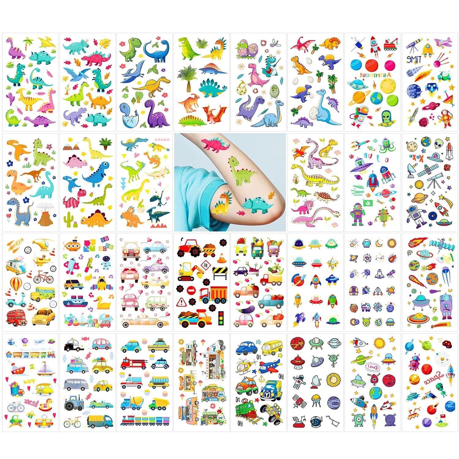 Qpout 30 Sheets Temporary Tattoos for Kids Boys, Dinosaur Car Outer Space Waterproof Fake Tattoo Stickers, Boys Birthday Party Gifts Bag Filler, Face Hand Arm Decoration