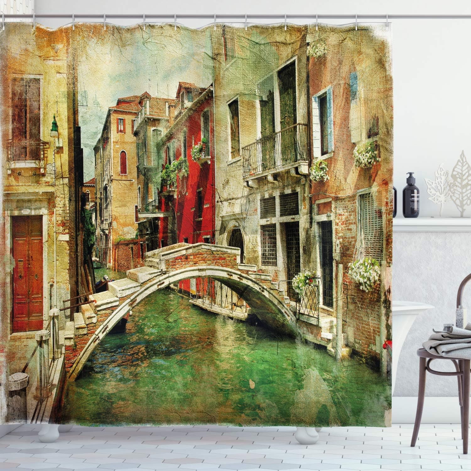 Ambesonne Venice Shower Curtain, Vintage Art Painting Style Historic Venetian Landscape Print, Cloth Fabric Bathroom Decor Set with Hooks, 69" W x 84" L, Green Red Pale Brown