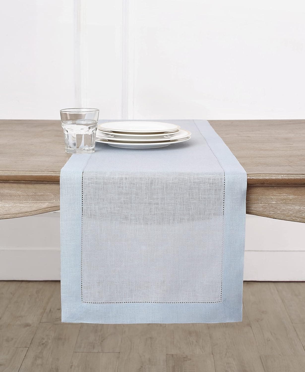 Solino Home Pure Linen Table Runner – Light Blue 14 x 120 Inch – 100% Linen Fabric Classic Hemstitch Table Runner for Spring, Summer, Dining, Living – Handcrafted from European Flax