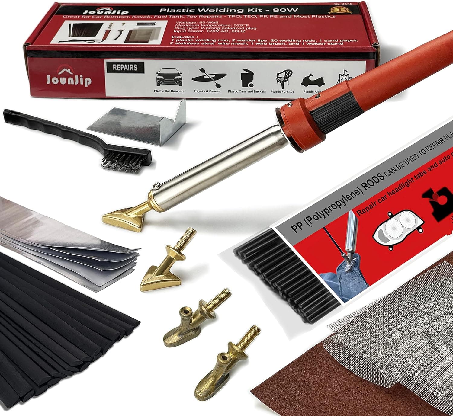 JOUNJIP Plastic Welding Kit Deluxe - UL Certified - 17 Pc Aluminum Repair Tape, Sandpaper, 2 Triangle Welder Tips, 2 Welder Boot Tips, 4 Wire Mesh, 20 PolyPlaz Rods, 40 PP Rods, 80W Iron