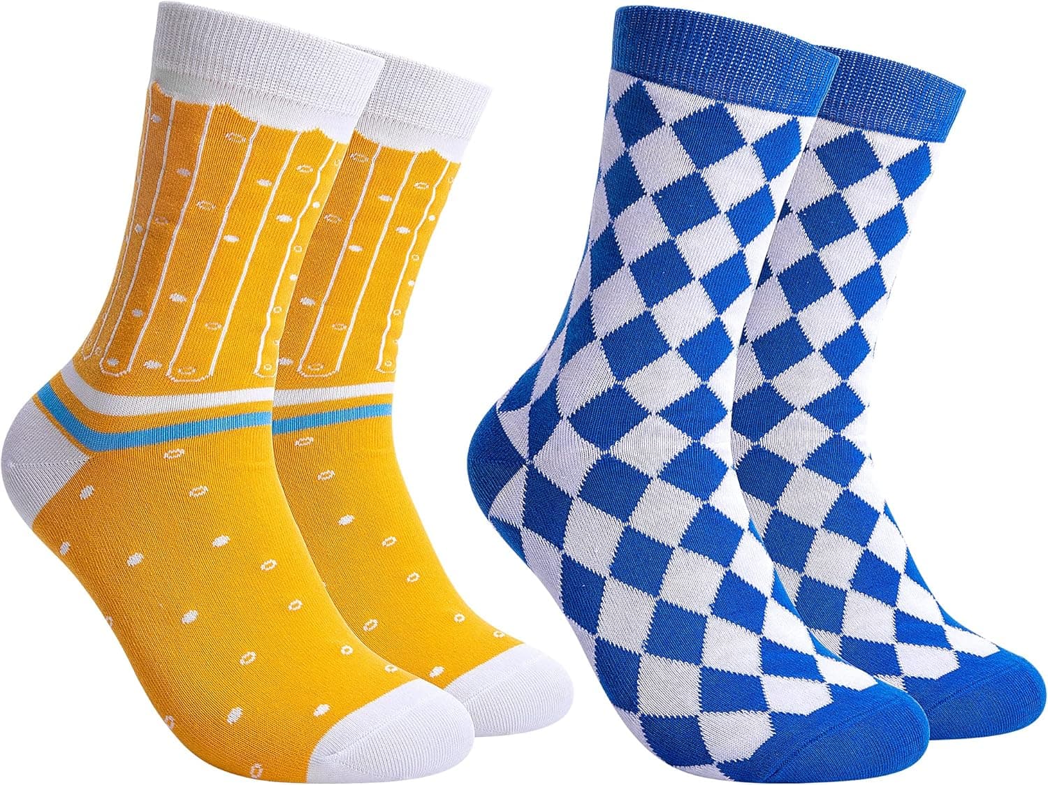 Watayo 2 Pairs Oktoberfest Socks-Blue White Beer Socks for Oktoberfest Bavarian German Lederhosen Socks Football Party Over Knee Sock High Half Cushioned Running Sock (2pcs Mixed)