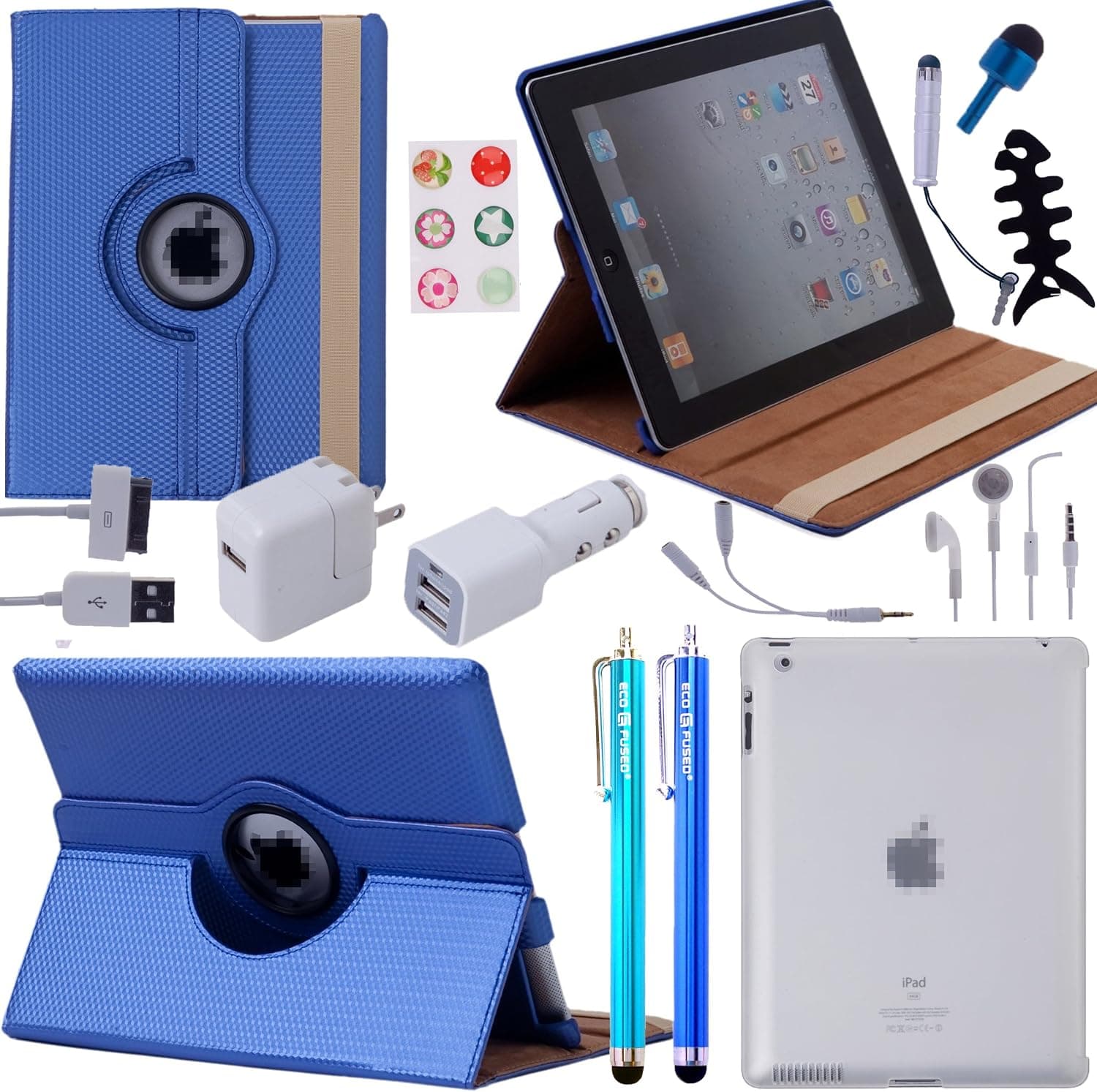 15 Pcs Ipad 2 Accessory Bundle / 360? Diamond Blue Leather Case / TPU Case / Earphones / Stylus Pens / Chargers - Eco-fused? Microfiber Cleaning Cloth Included
