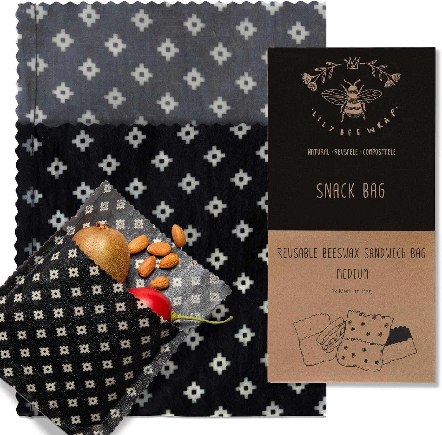 LILY BEE WRAP Reusable Sandwich Bags | Plastic Free Bees Wax Bag | Sustainable, Biodegradable & Silicone Free | Easy to Clean (Geometric Snack)