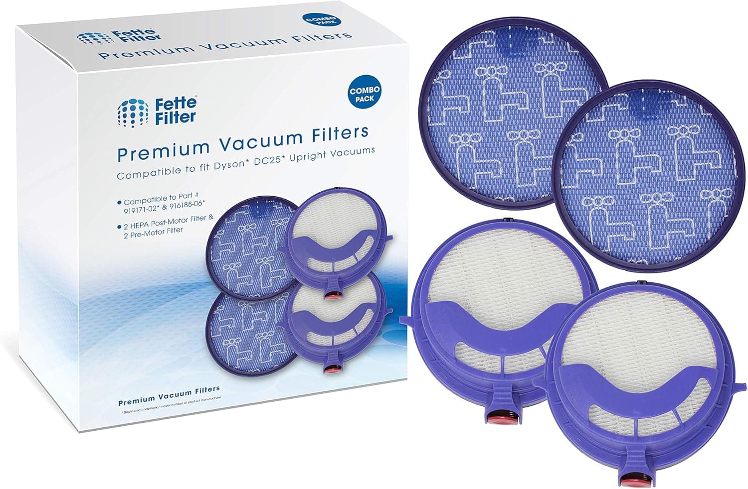 Fette Filter – Pre-Filter and Post Motor HEPA Filter Compatible with Dyson DC25. Fits All DC25 Models - Compare to Part # 919171-02 and 916188-06 (Pack of 2)