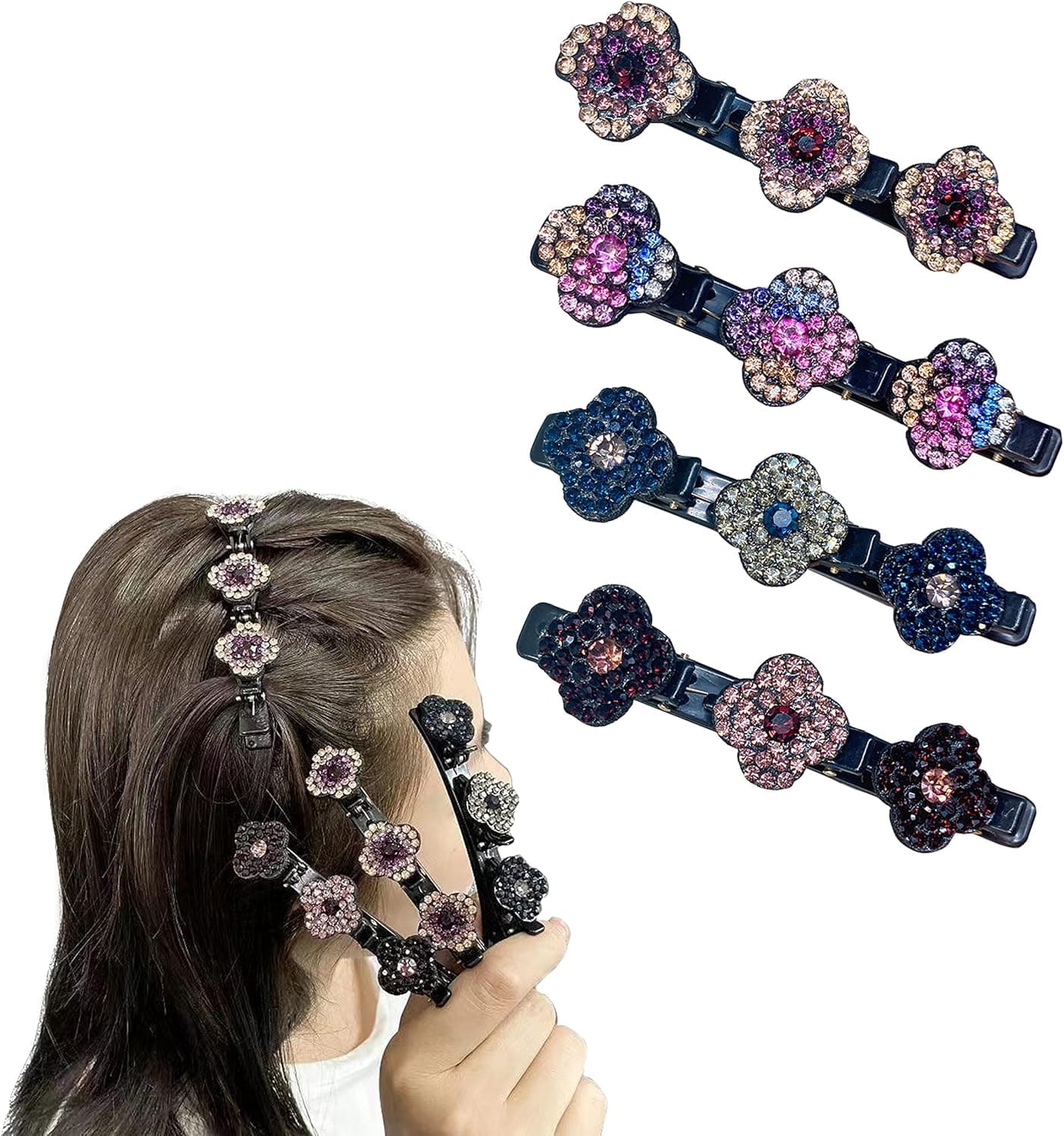 Rhinestone Clover Hair Clip, Sparkling Crystal Stone Braided Hair Clips, 2022 New Satin Fabric Hair Bands (4 pcs)
