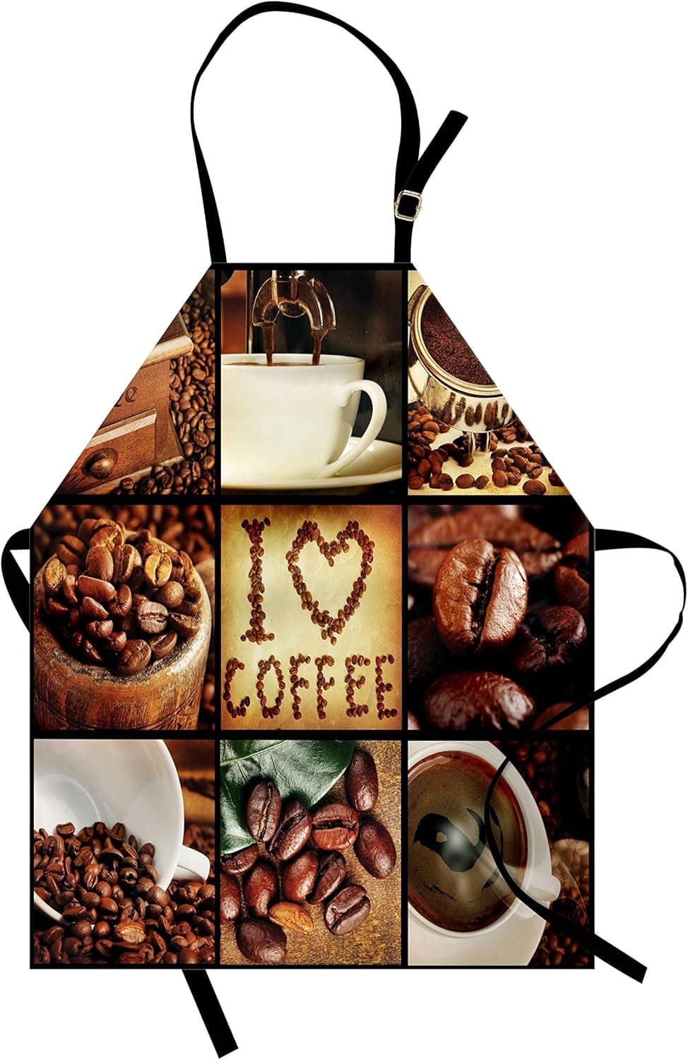 Lunarable Brown Apron, I Love Coffee Theme Collage Roasted Beans Brewing Machines and Cups Aromatic Drink, Unisex Kitchen Bib with Adjustable Neck for Cooking Gardening, Adult Size, Brown White