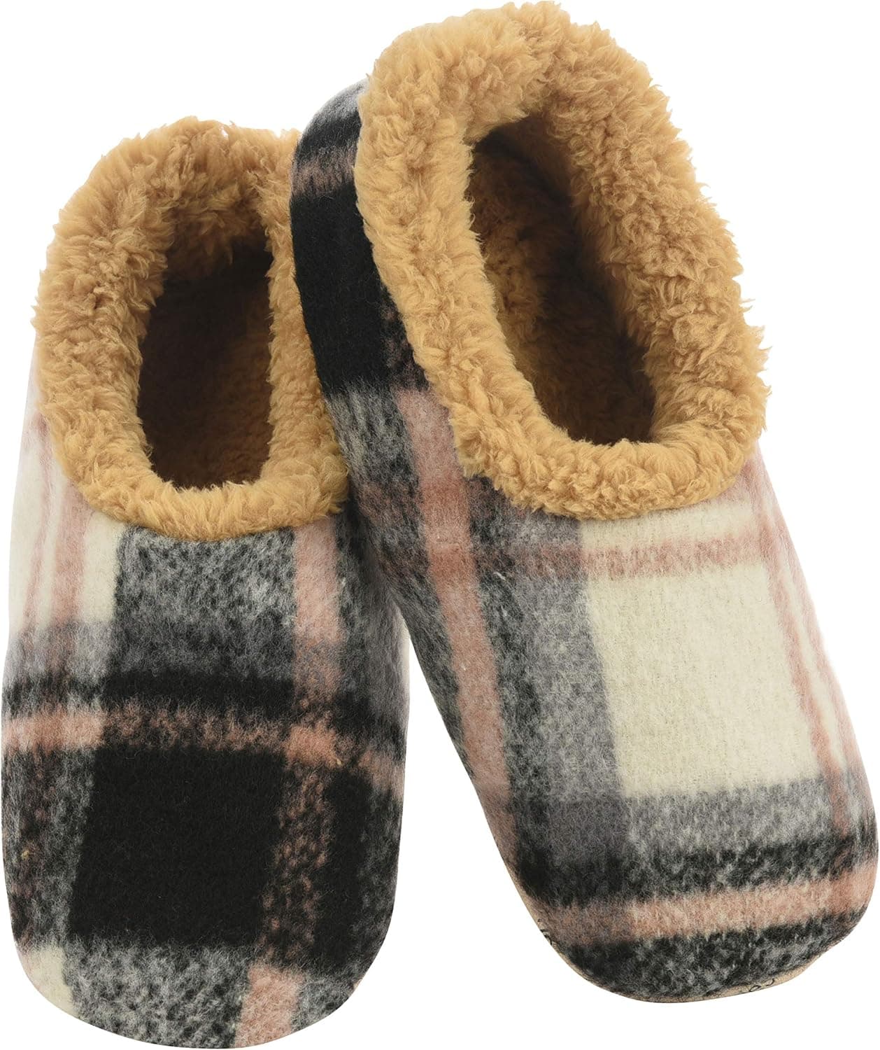 Snoozies Mens Slippers - Plush Plaids - House Slippers for Men - Black & Camel - Large