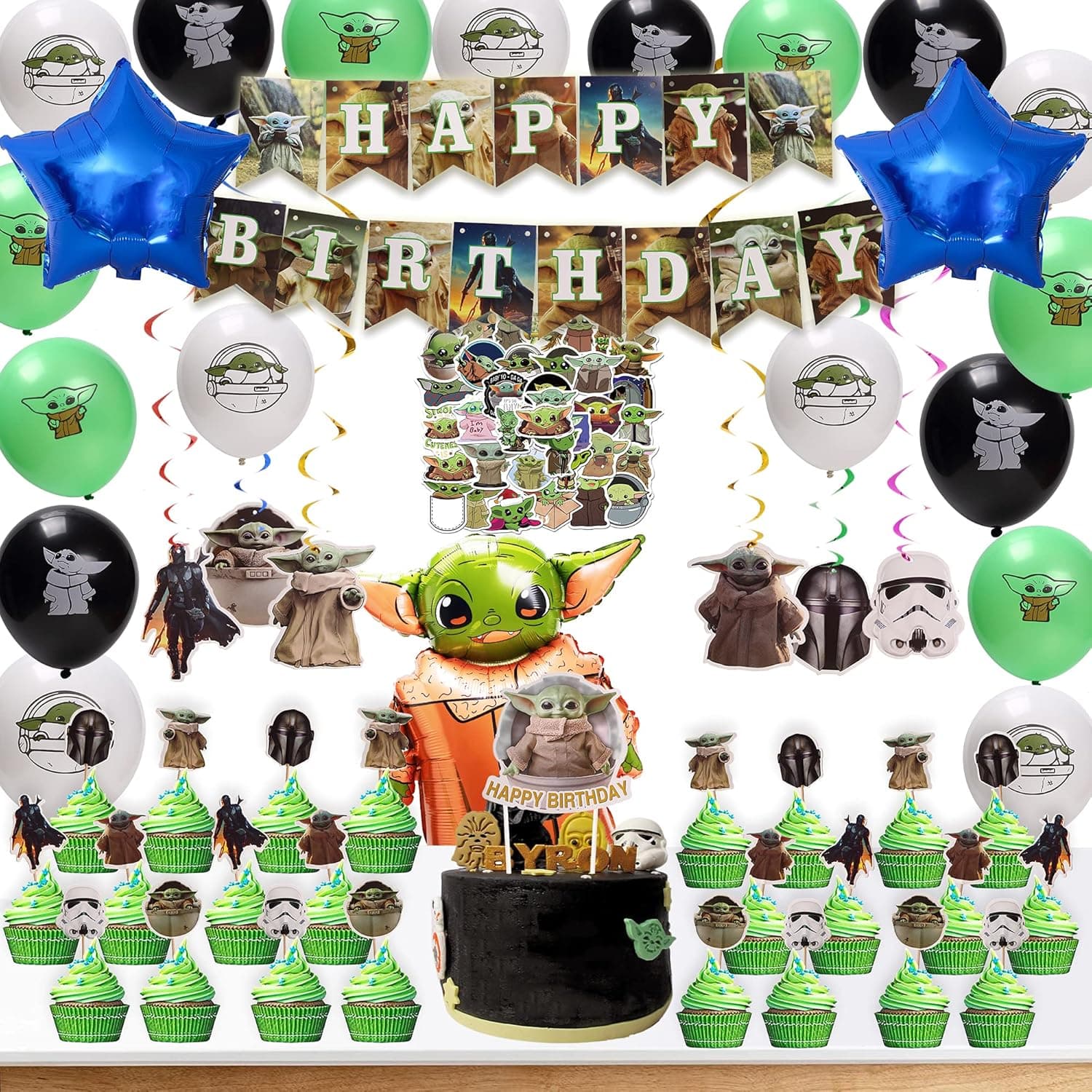 Baby Yoda Birthday Party Supplies Set Children's Party Decoration Star Wars Birthday Decorations Mandalorian Balloon Happy Birthday Banner Cake Decoration Hanging Swirl Decoration