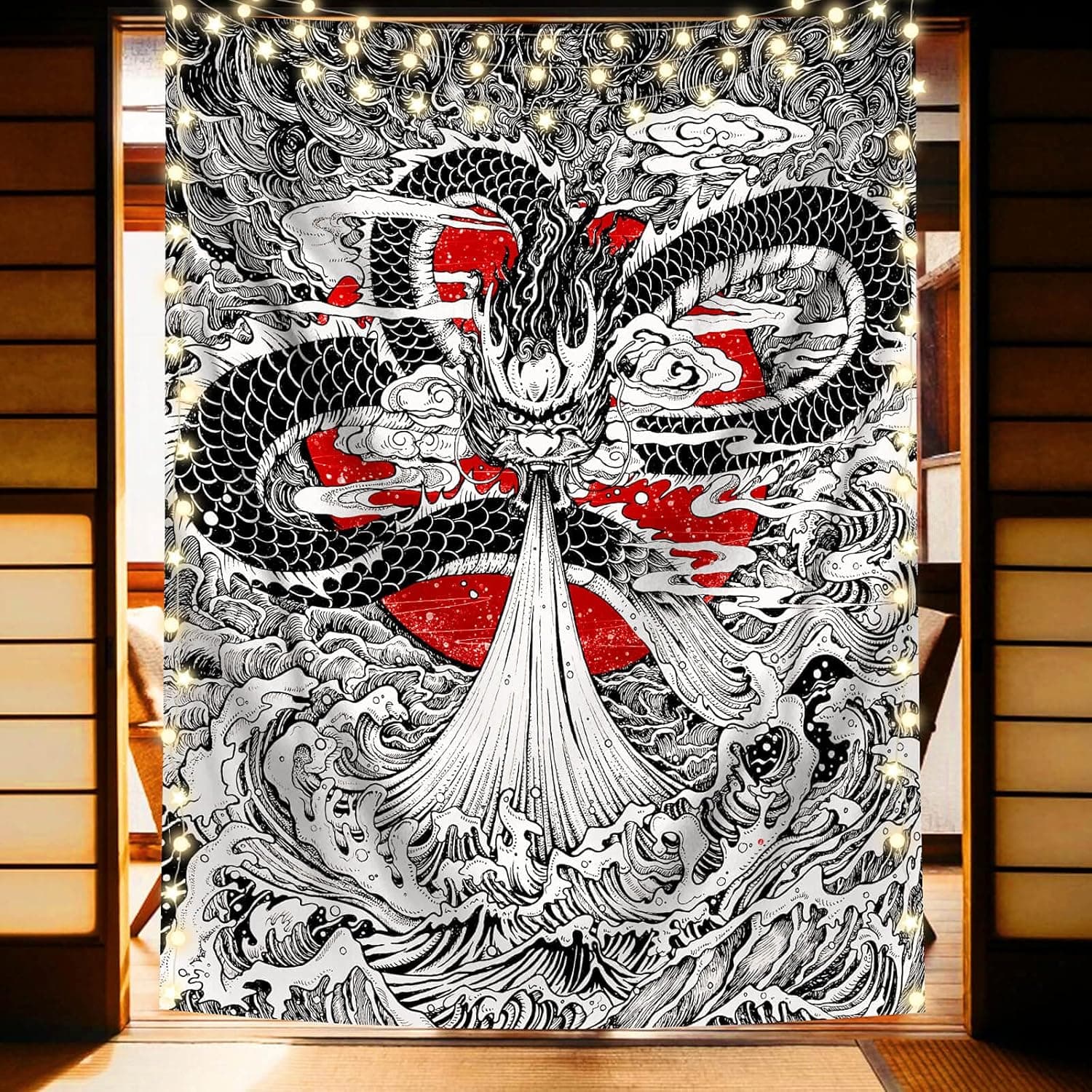 ARTCREATOR Japanese Great Wave Red Sun Tapestry, Cool Dragon King Anime Black Wall Hanging Tapestry for Men Room Decor, Japanese Style Art Sunset Ocean Tapestry for Teen Dorm, Room (90 x 70 inches)