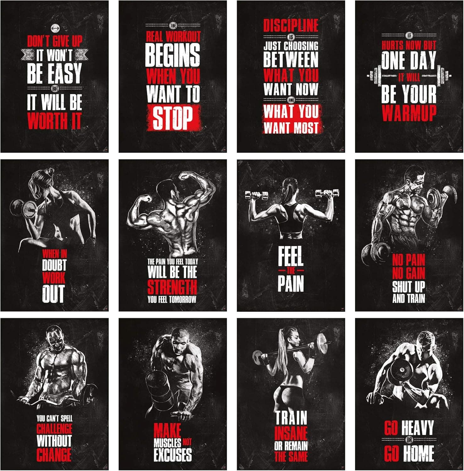 GREAT ART - Motivational Cards Set - Fitness - Motivational Quotes for Training Room Leisure Room Fitness Studio and Your Gym Workout - 12 Cards DIN A5 5.8 x 8.3 inch (14.8 x 21 cm)