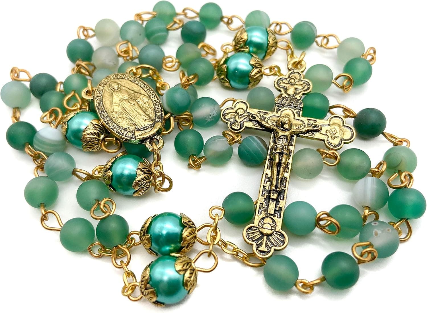 Nazareth Store Catholic Gold Rosary Necklace Matte Stone Beads Green Pearl Round Beads Miraculous Medal & Cross - Velvet Bag