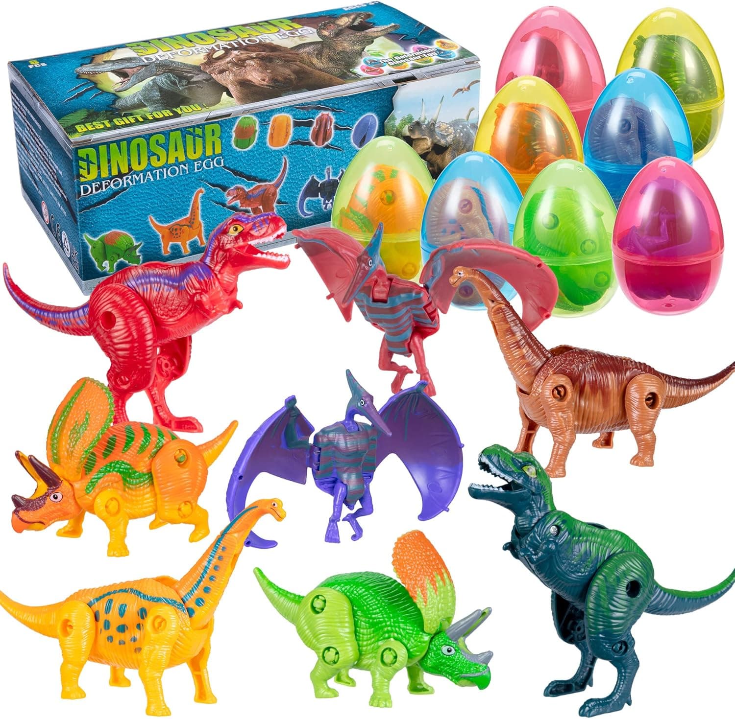 ThinkMax 8 Pcs Dinosaur Easter Eggs Filled with Transforming Dinosaur Toys for Boys, Hatching Dinosaur Eggs for Easter Basket Stuffers/Fillers, Easter Eggs Hunt, Easter Party Favor (Style B)