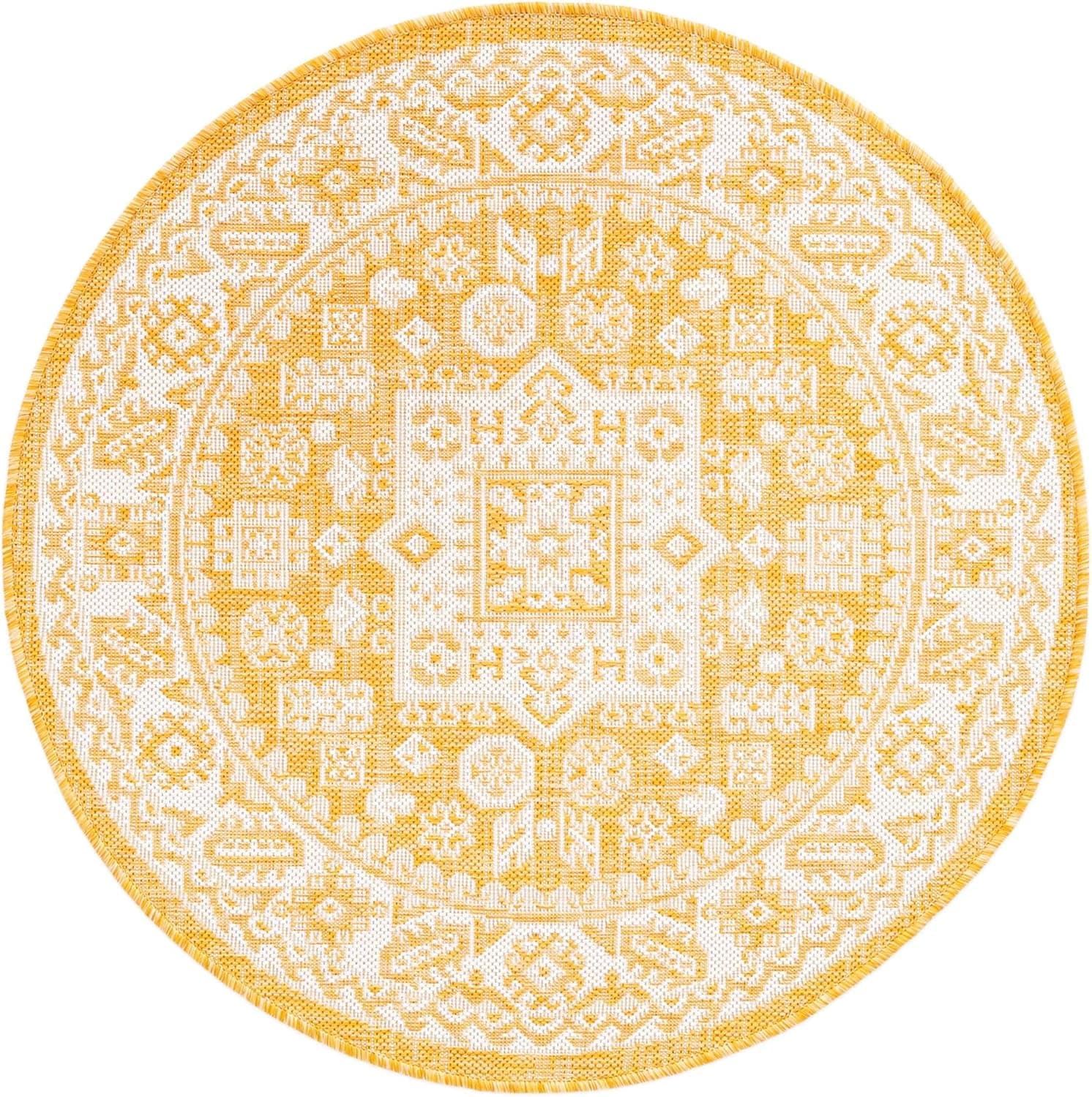 Rugs.com Outdoor Aztec Collection Rug – 3 Ft Round Yellow Flatweave Rug Perfect for Kitchens, Dining Rooms