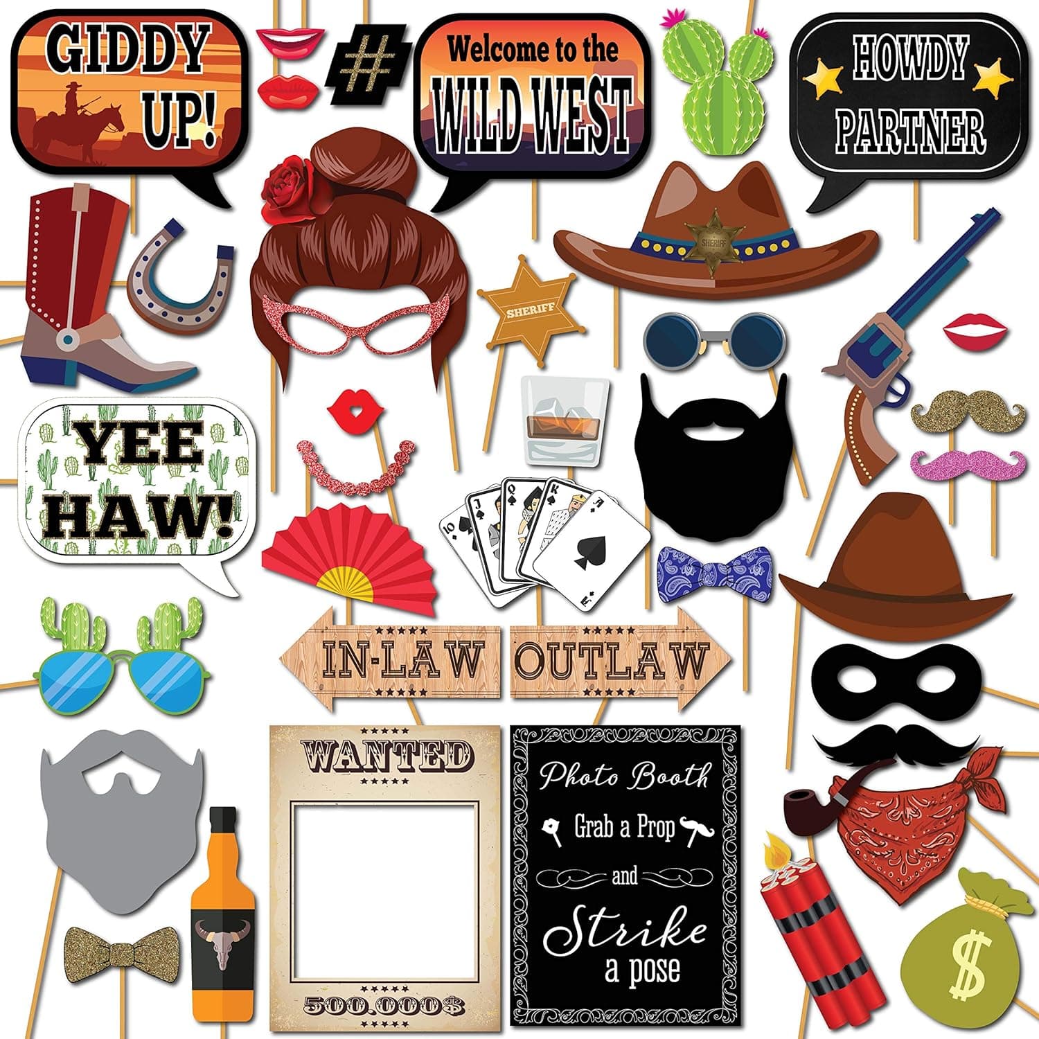 Western Photo Booth Props - 41-pc Photo Prop Kit with 8 x 10-Inch Sign, 60 Glue Dots, 45 Sticks - Photo Booth Props Country Theme - Wild West Photo Props