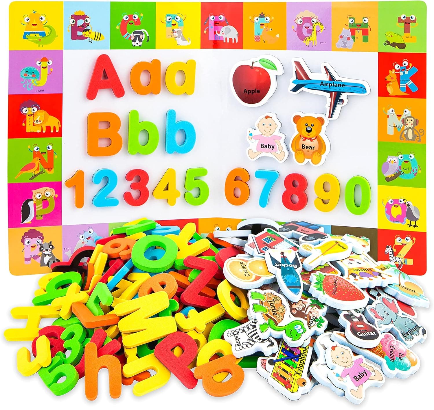 Magnetic Letters and Numbers + Matching A-Z Objects/ABC Magnets, Numbers and Board + E-Book with 35 Learning & Spelling Games Included | Alphabet Magnets and Numbers for Toddlers