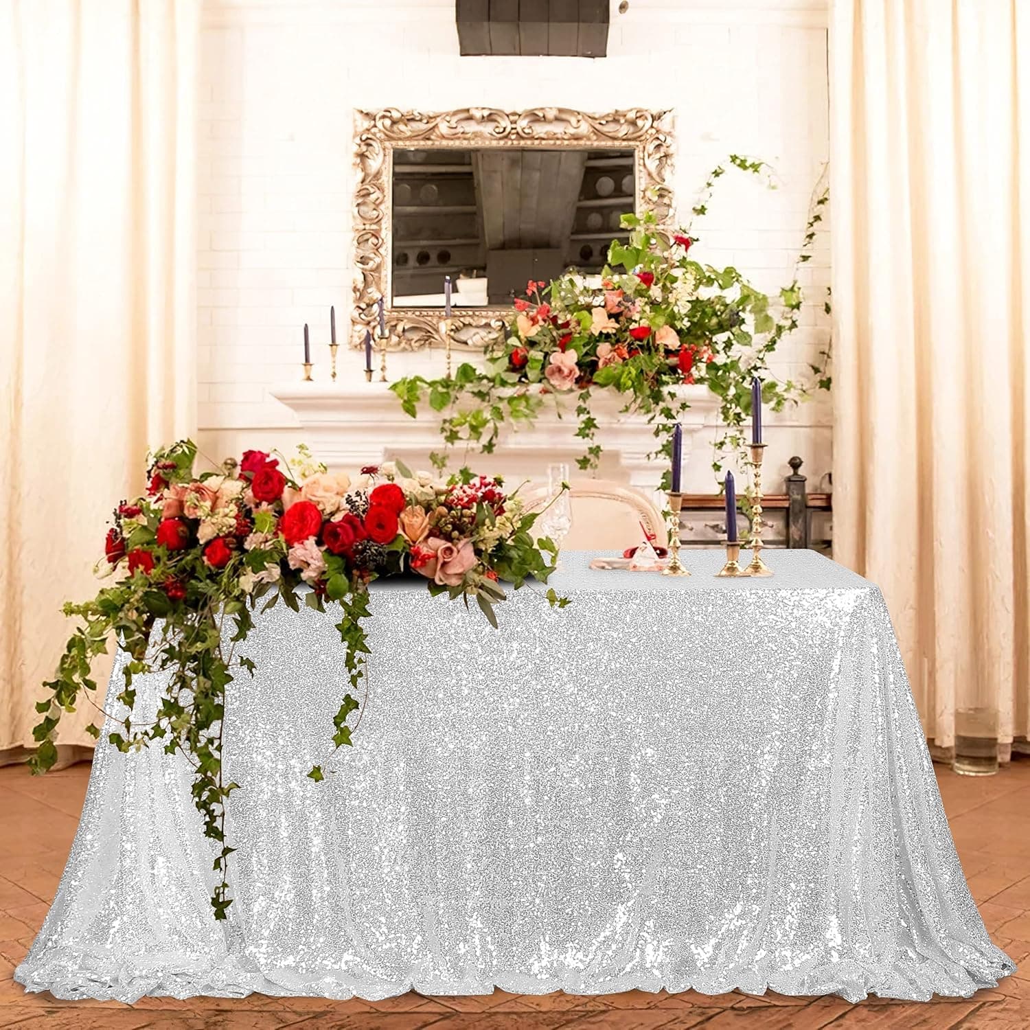 MXSEY Silver Sequin Tablecloth Rectangle - Seamless 60x95Inch Sparkling Silver Sequin Tablecloth for Party Birthday Wedding Banquet Christmas