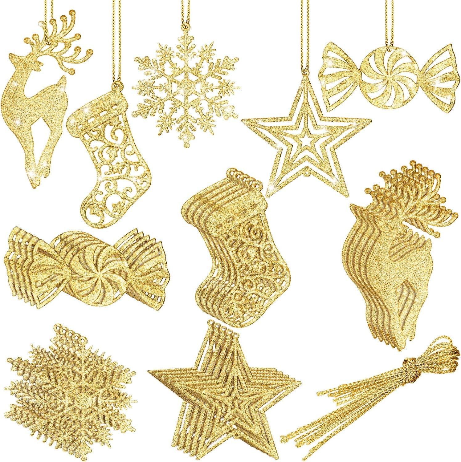 30 Pieces Christmas Glitter Snowflake Ornaments Plastic Christmas Hanging Ornaments Star Candy Reindeer Stocking Snowflake Decorations for Christmas Tree Winter Xmas Party Home Decoration (Gold)