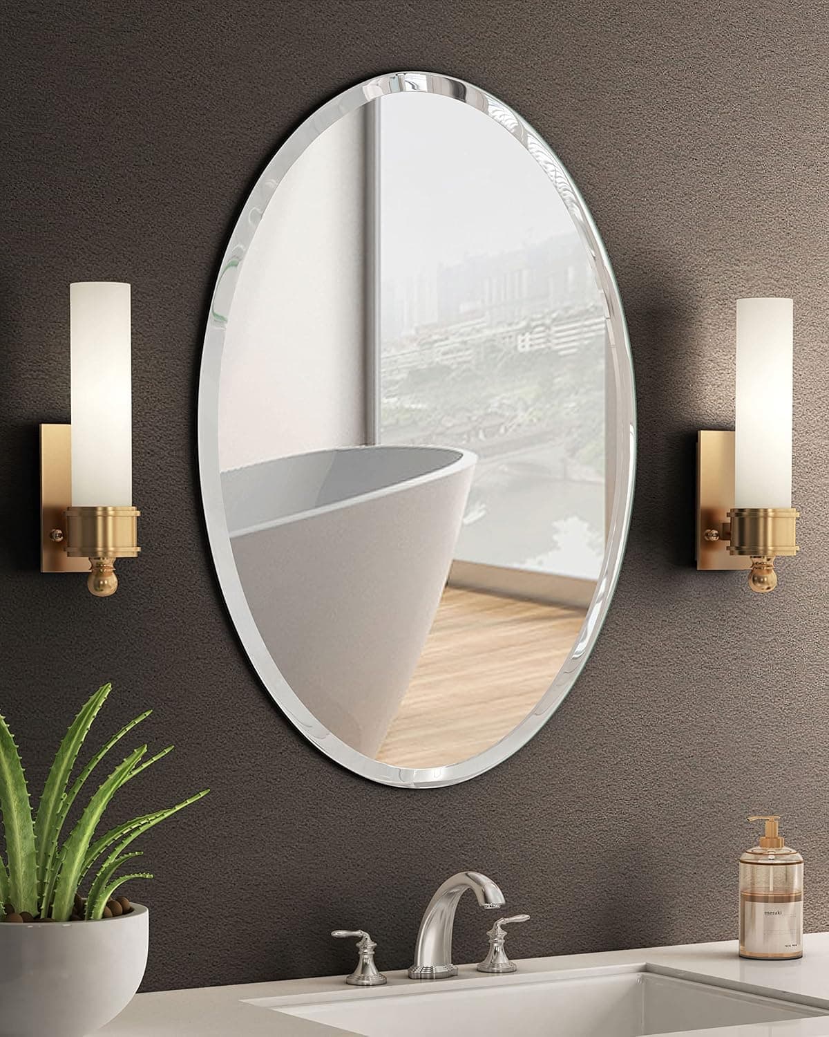 KOHROS Oval Beveled Polished Frameless Wall Mirror for Bathroom, Vanity, Bedroom (20" W x 28" H Oval)