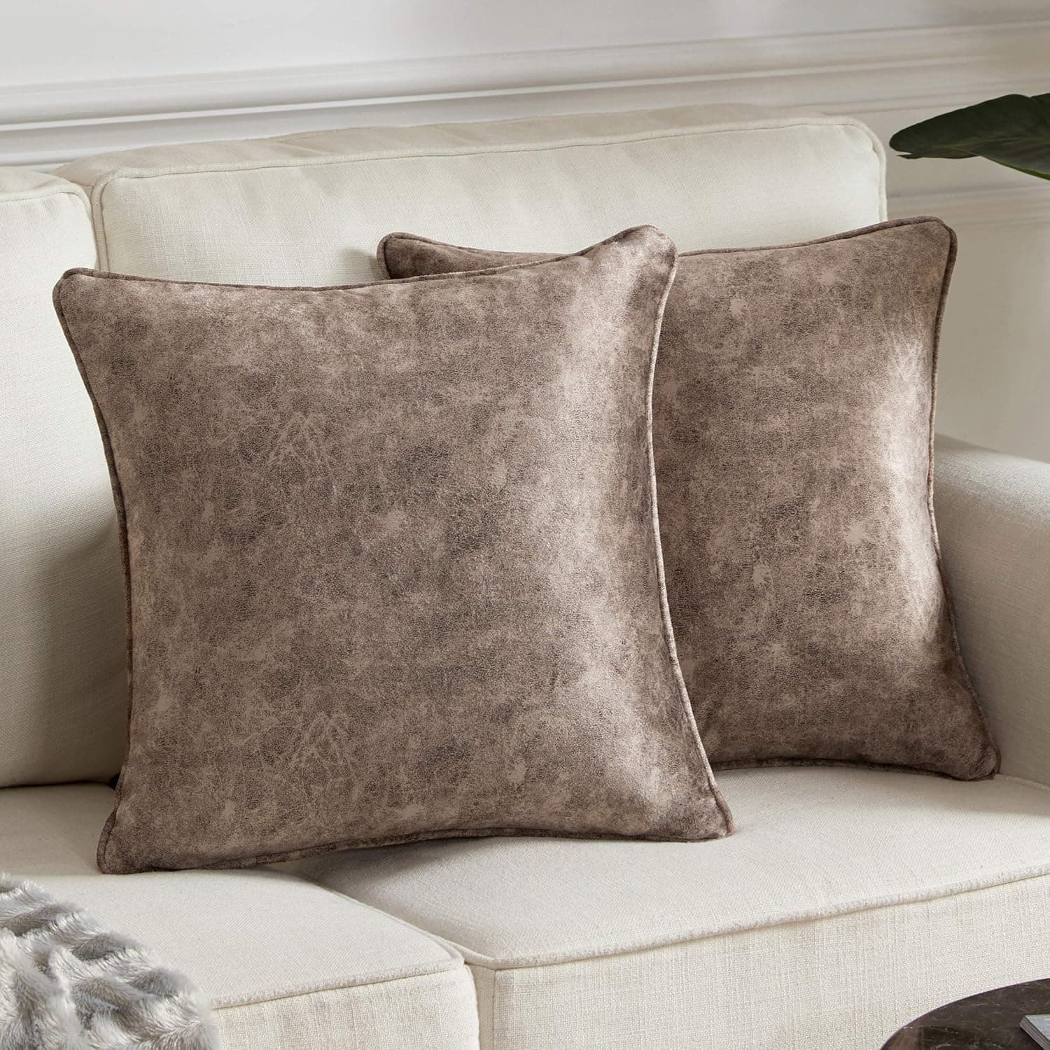 Longhui bedding Plush Faux Fur Throw Pillow Cover, Set of 2 – Soft Dark Coffee Square Cushions Covers for Couch Sofa Bedroom – Trendy, Unique, Decorative, 18” x 18” Not Included Inserts