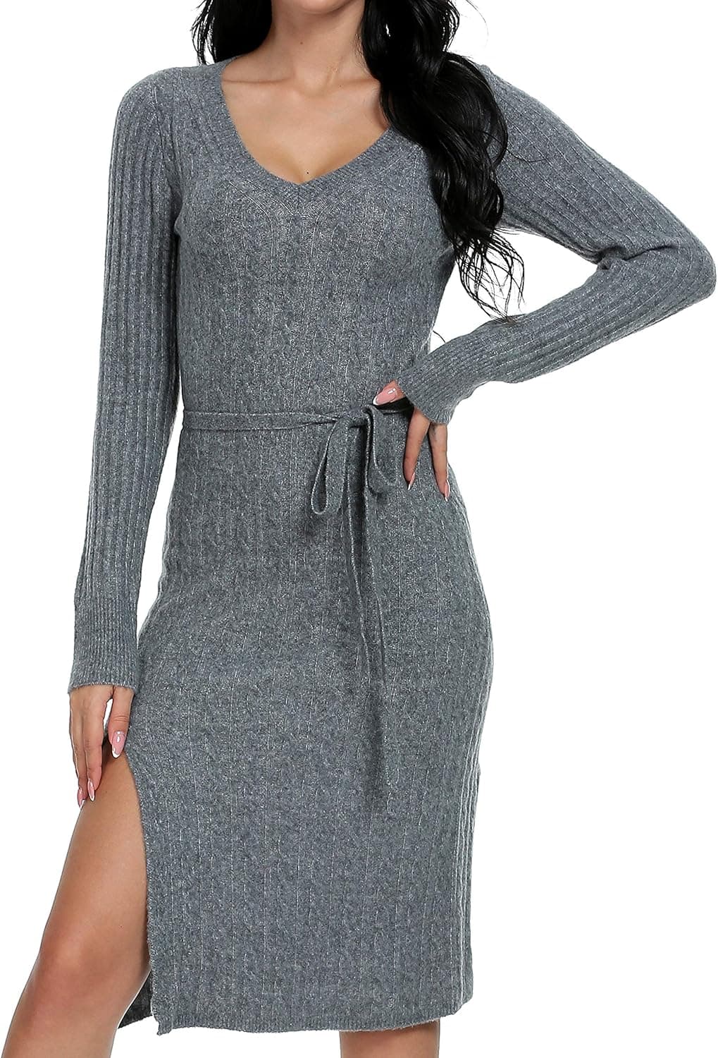 Oshlen Women's Long Sleeve V Neck Sweater Dress Soft Knit (Medium, Deep Grey)
