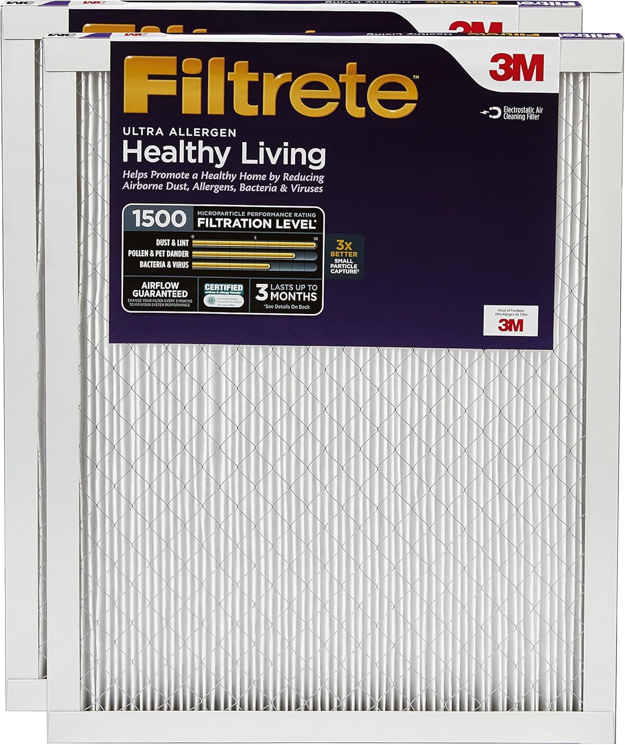 Filtrete 16x30x1 Air Filter, MPR 1500, MERV 12, Healthy Living Ultra-Allergen 3-Month Pleated 1-Inch Air Filters, 2 Filters