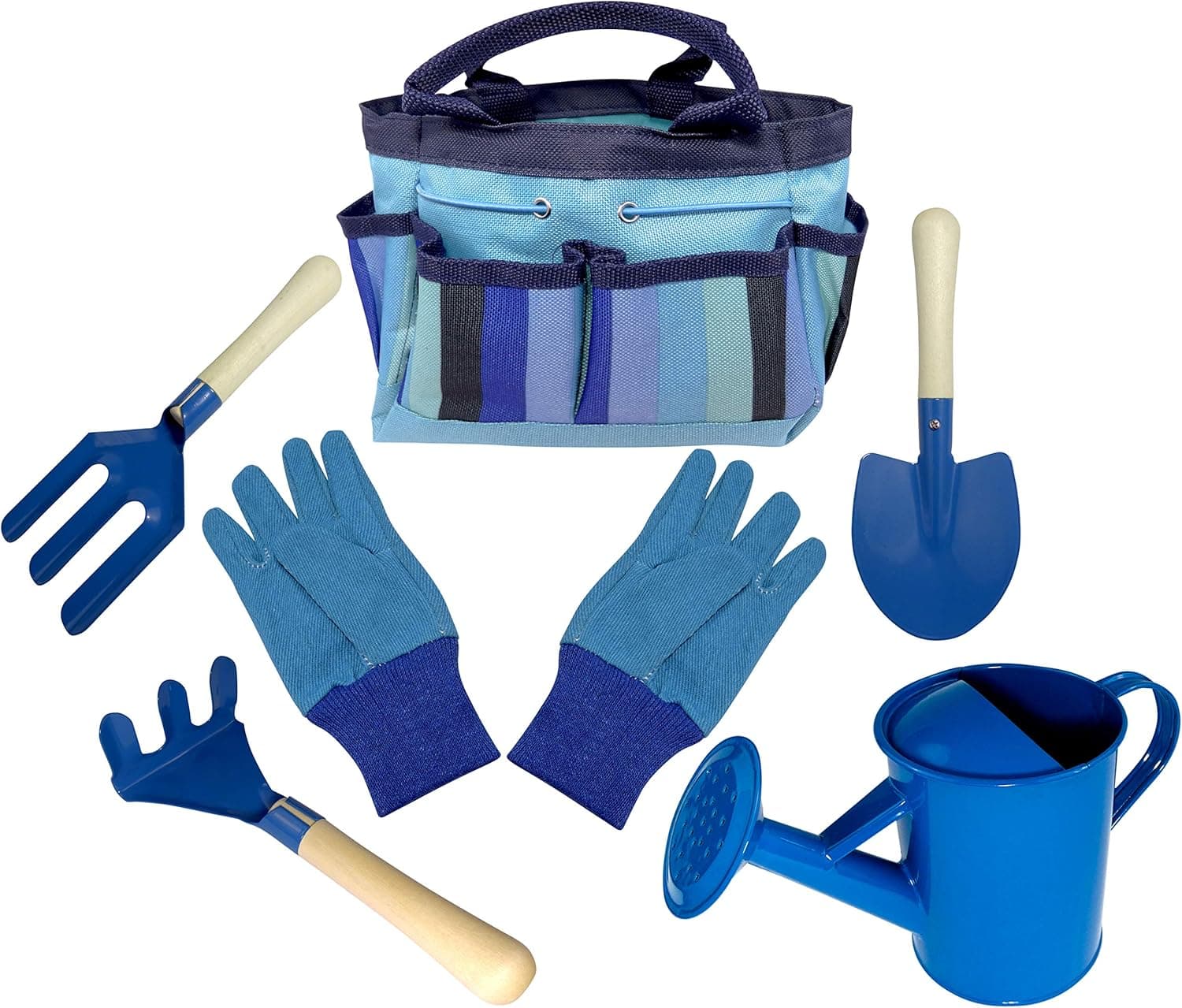 Kids Gardening Tool Set - Real Metal Child Sized Hand Tools with Wooden Handles & Safety Edges; Shovel, Rake & Pitch Fork - Plus Watering Can, Garden Gloves & Durable Canvas Carrying Bag. Blue