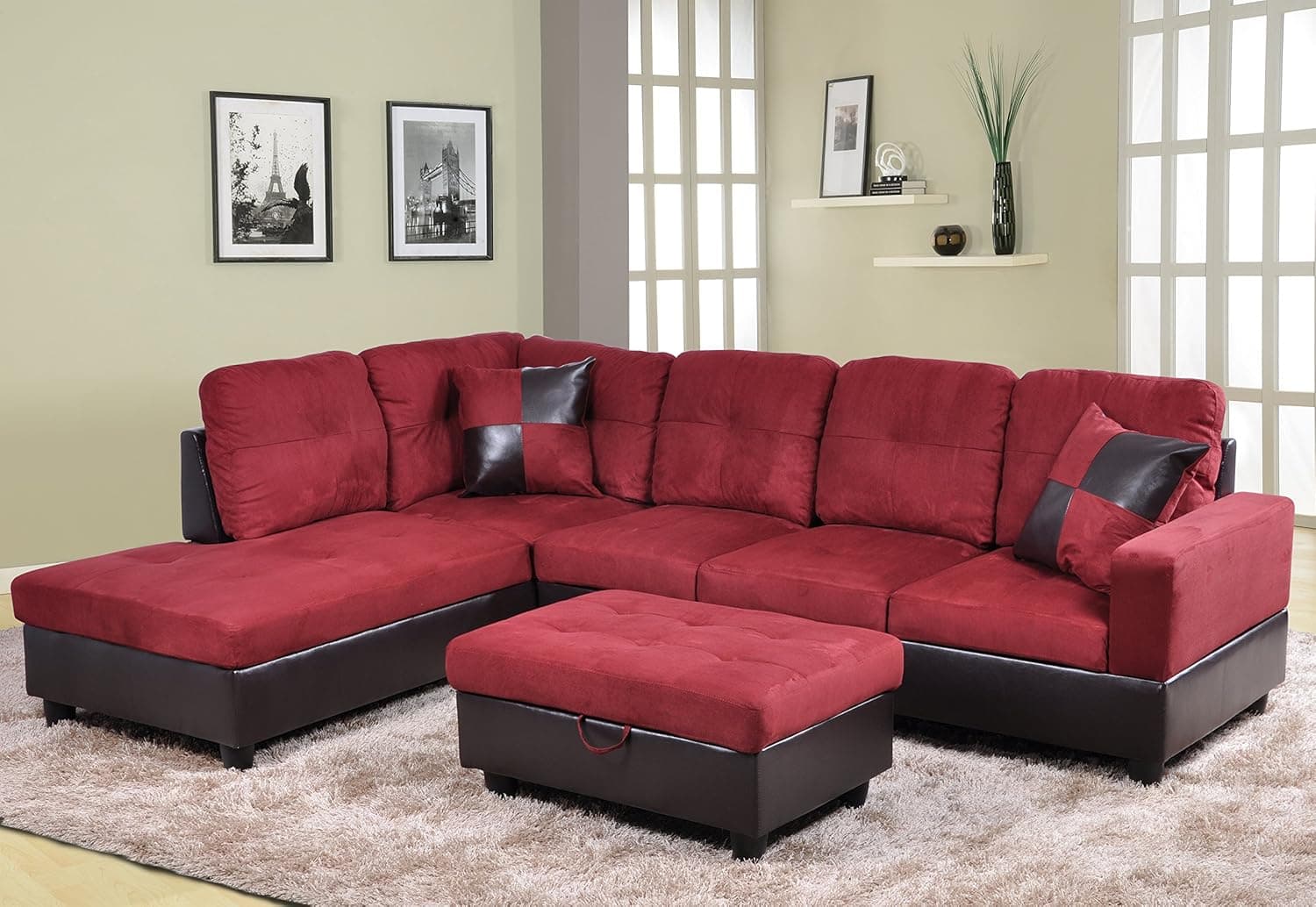 Beverly Furniture 3 Piece Faux Leather Upholstery Right-Facing Sectional Sofa Set with Ottoman, Red, NA