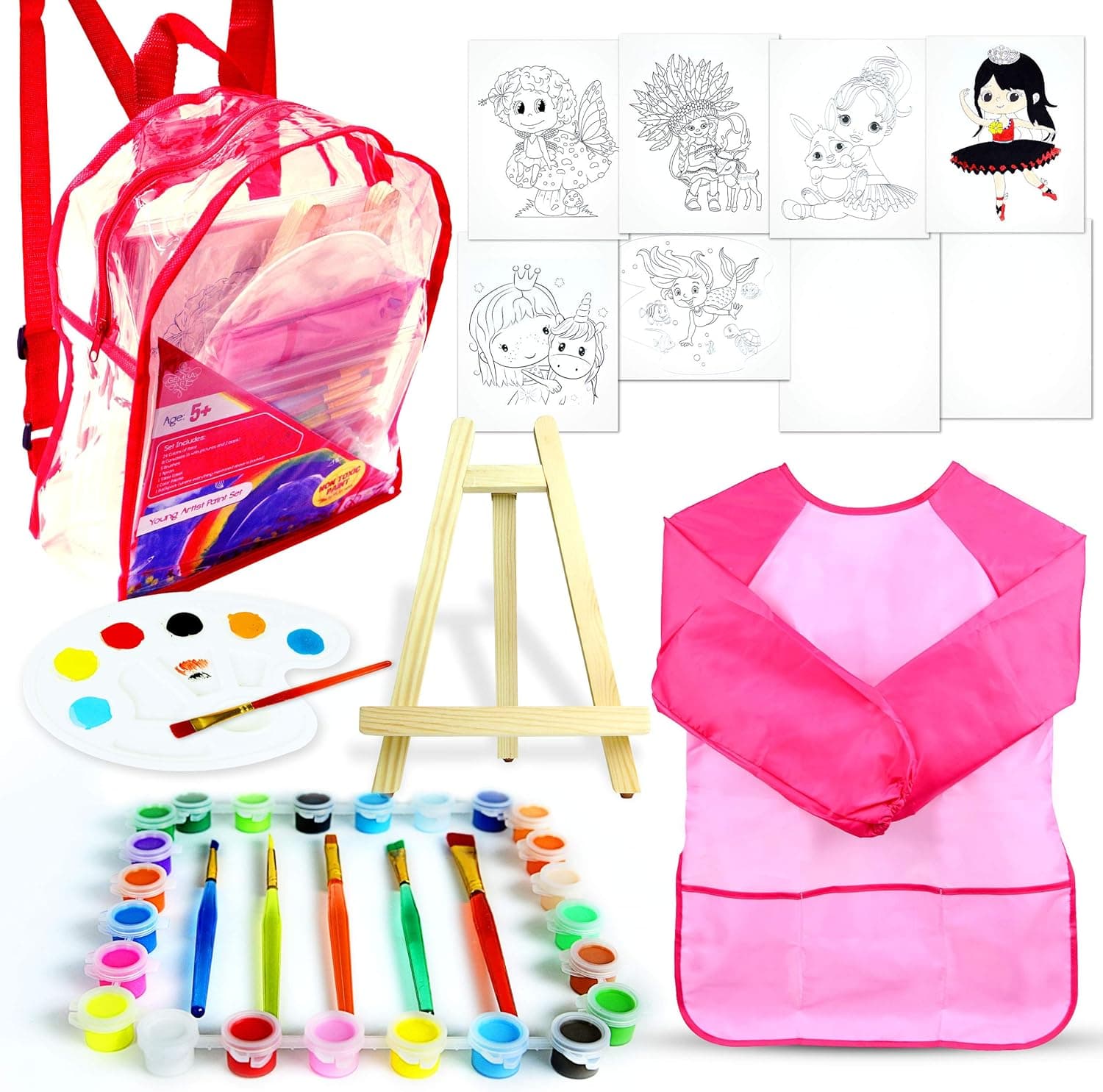 GembaArt Acrylic Paint Set for Kids - 24 Washable Non Toxic Colors, Princess Themed Art Canvases, 5 Brushes, Apron, Table Easel, Palette, and Fun Backpack for Carrying Art Supplies, Ages 5 and Plus