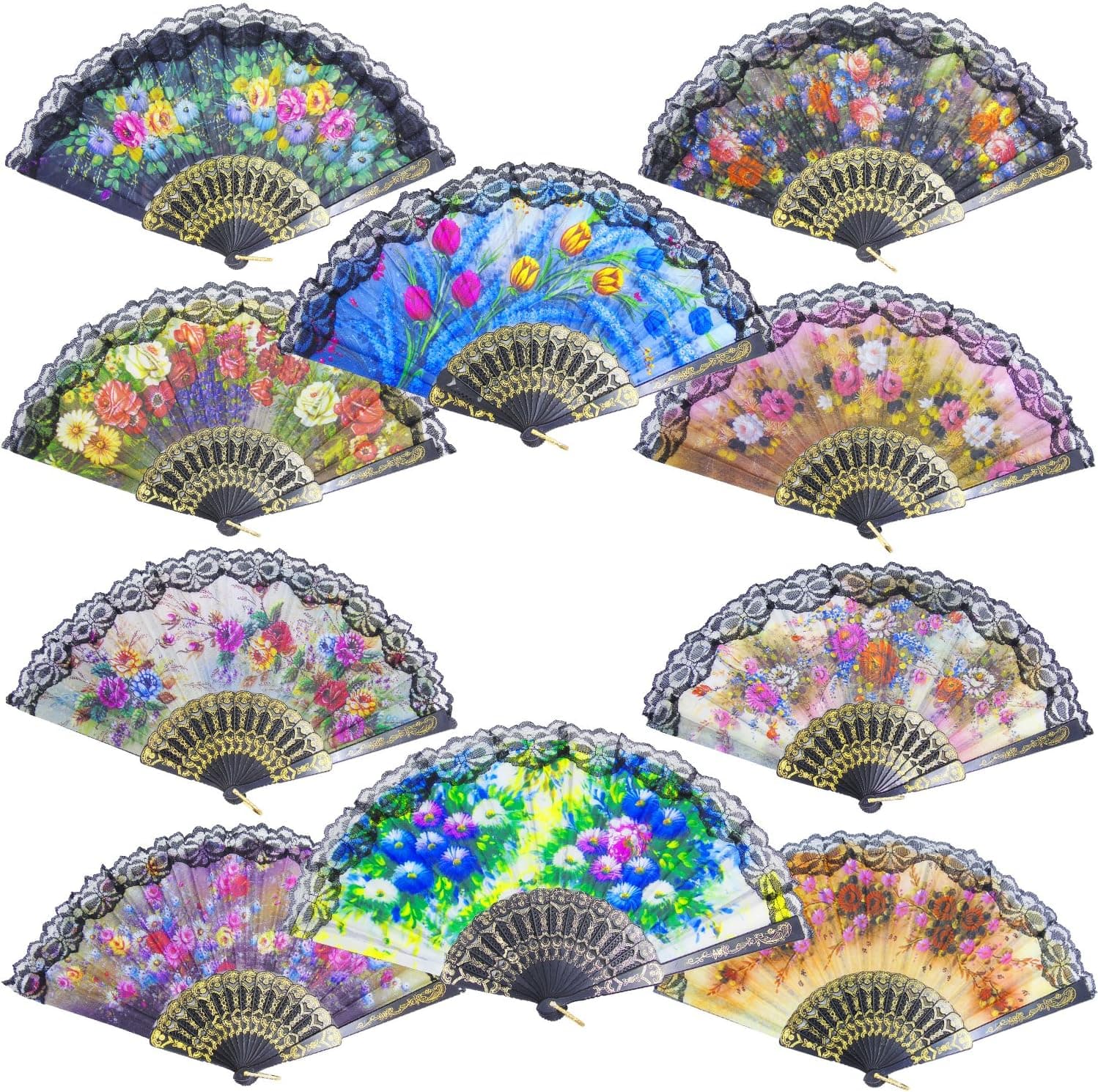 Grosun 10 Pieces Spanish Floral Folding Hand Fan Lace Fans Vintage Fans Fabric Folding Handheld Hand Fan, Random Color