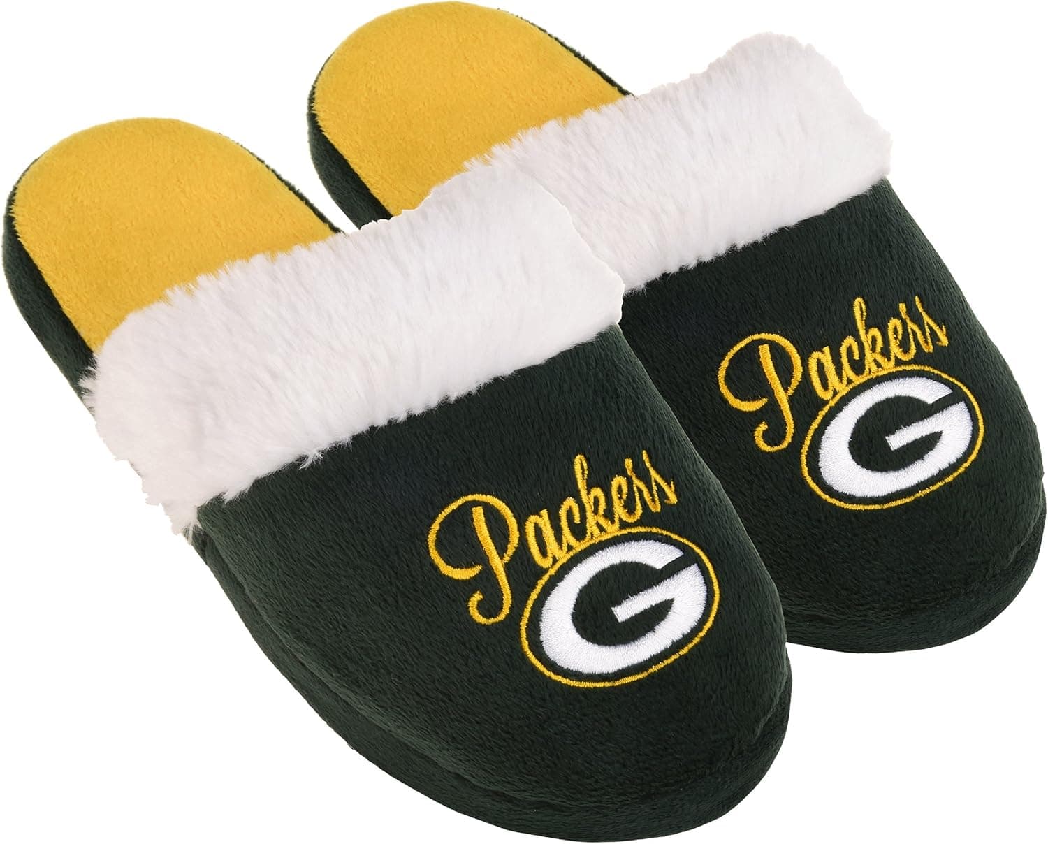 Green Bay Packers Womens Colorblock Fur Slide Slipper Small