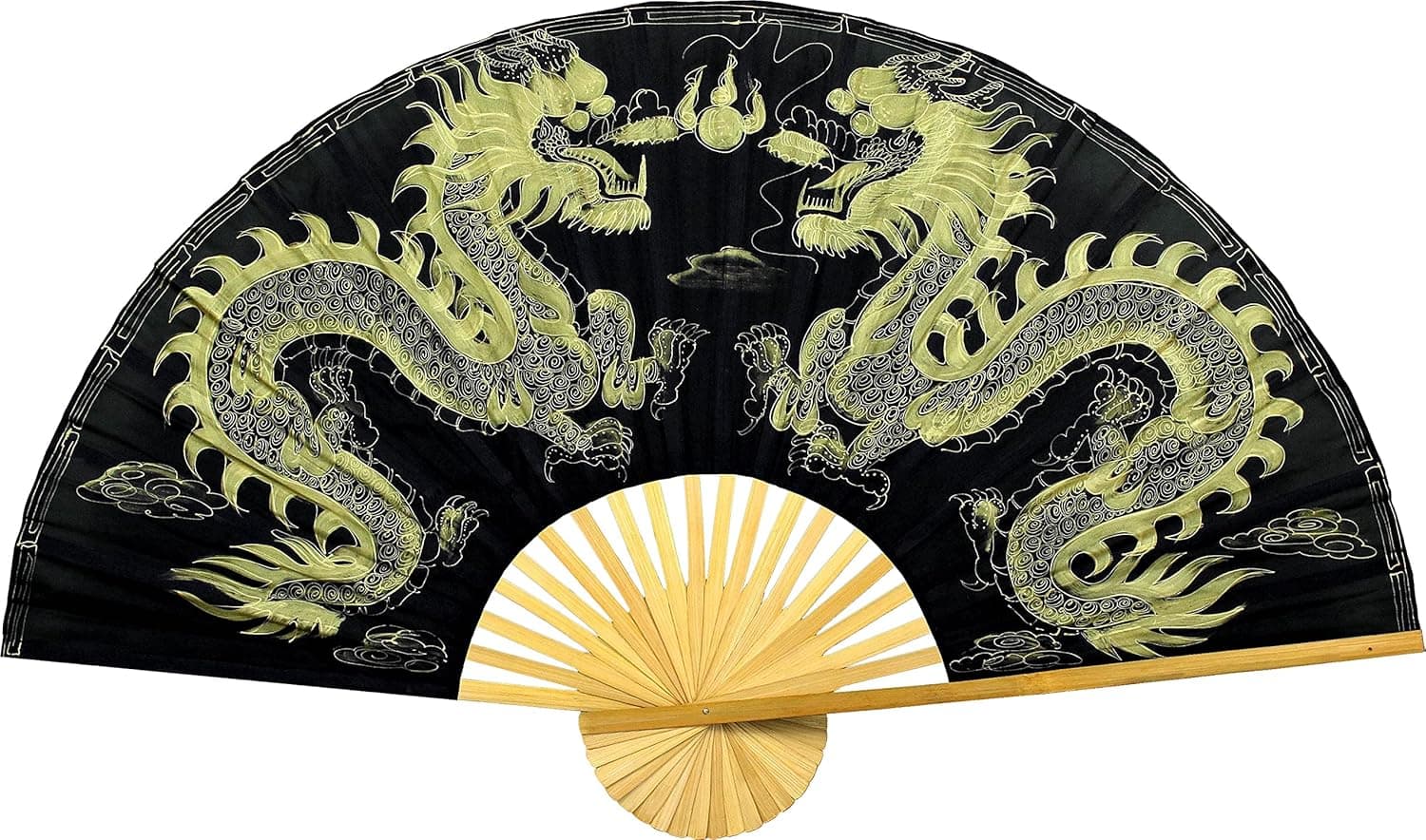 Dragons Folding Wall Fan Hand-painted Chinese Decor Artwork (40 inch wide, Golden Dragons)