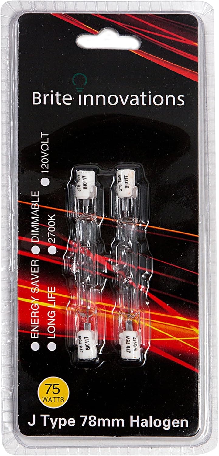 Brite Innovations Double Ended J Type Halogen Bulbs - 78mm, 75 Watts, 120 Volts, 2700K Warm White Light – Dimmable, Energy Saver, Long Life – 2 Pack