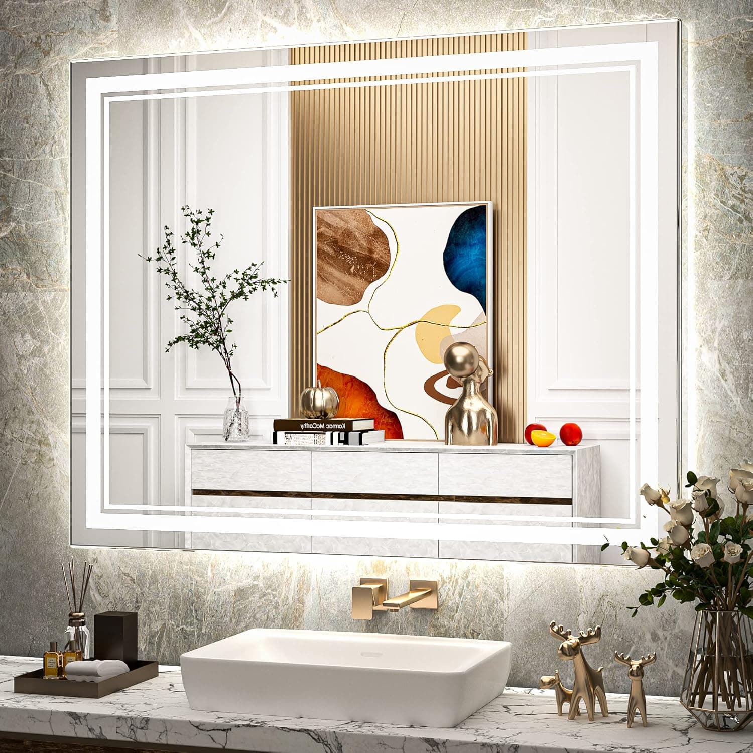 TokeShimi 40x32 Inch Bathroom LED Mirror Front Lighted Backlit Vanity Mirror with Double Light Strip 3 Colors CRI 90+ Anti-Fog Memory Funtion Wall Mount Make up Mirror for Bathroom Decor
