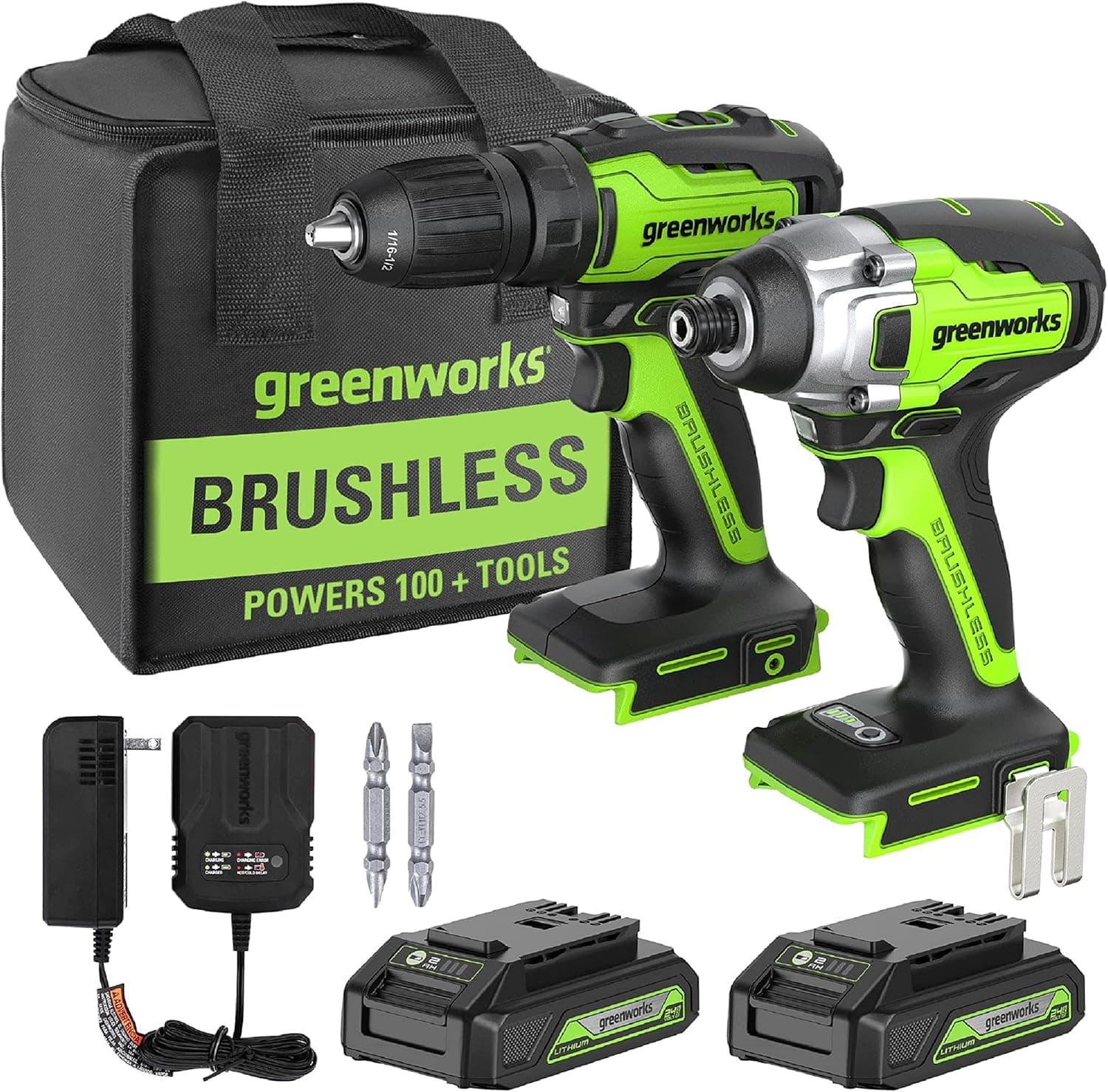 Greenworks 24V Brushless Drill / Impact Driver Combo Kit, (2) 1.5Ah USB (Power Bank) Batteries and Charger Included LED Light, 2pcs Driving Bits with Tool Bag