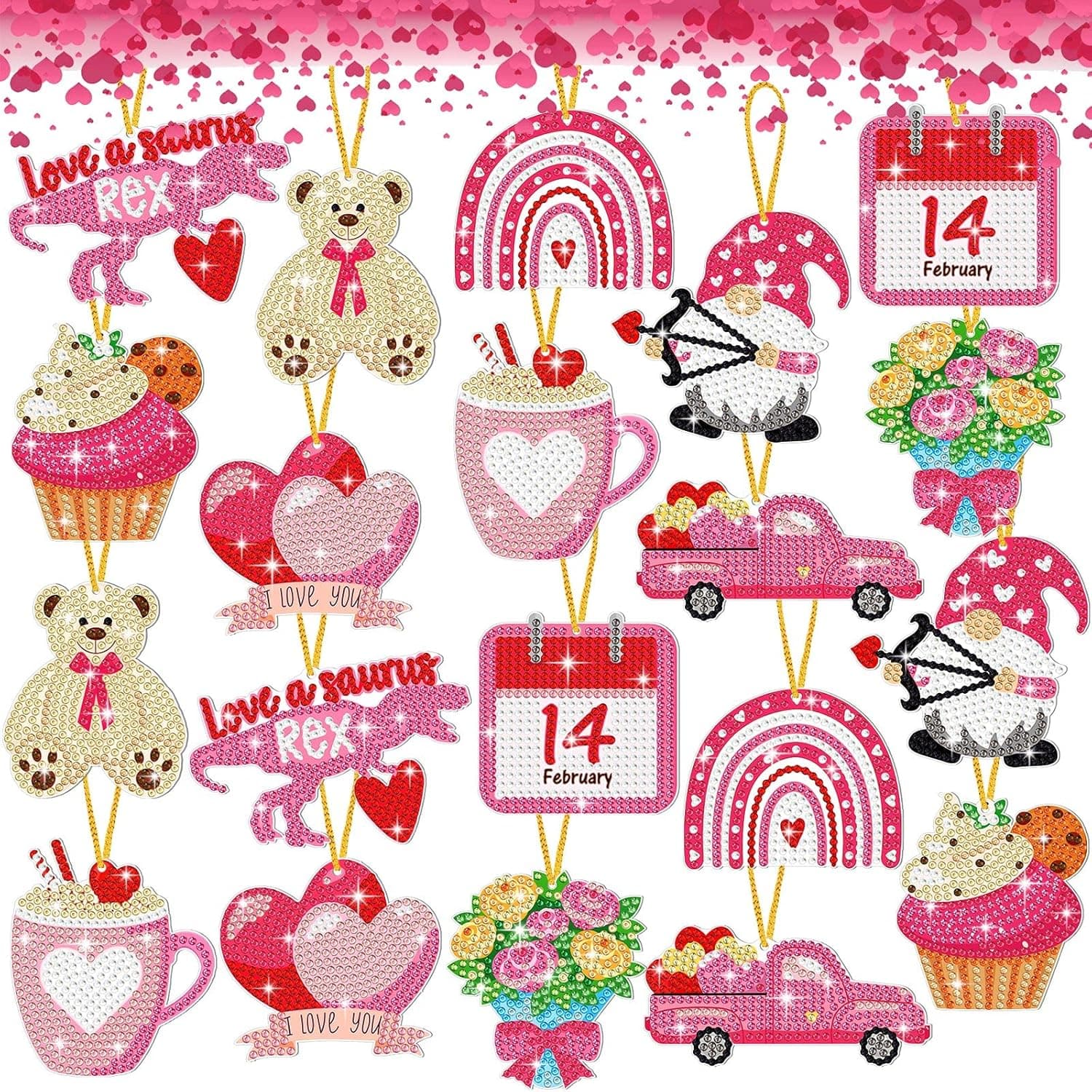 Jetec 20 Pieces Valentine's Day DIY Diamond Key Chain Ornaments Valentine's Day Diamond Painting Keychains Bear Cupcake Rainbow Gnome Diamond Painting Keychain for Valentine Party(Romantic Style)