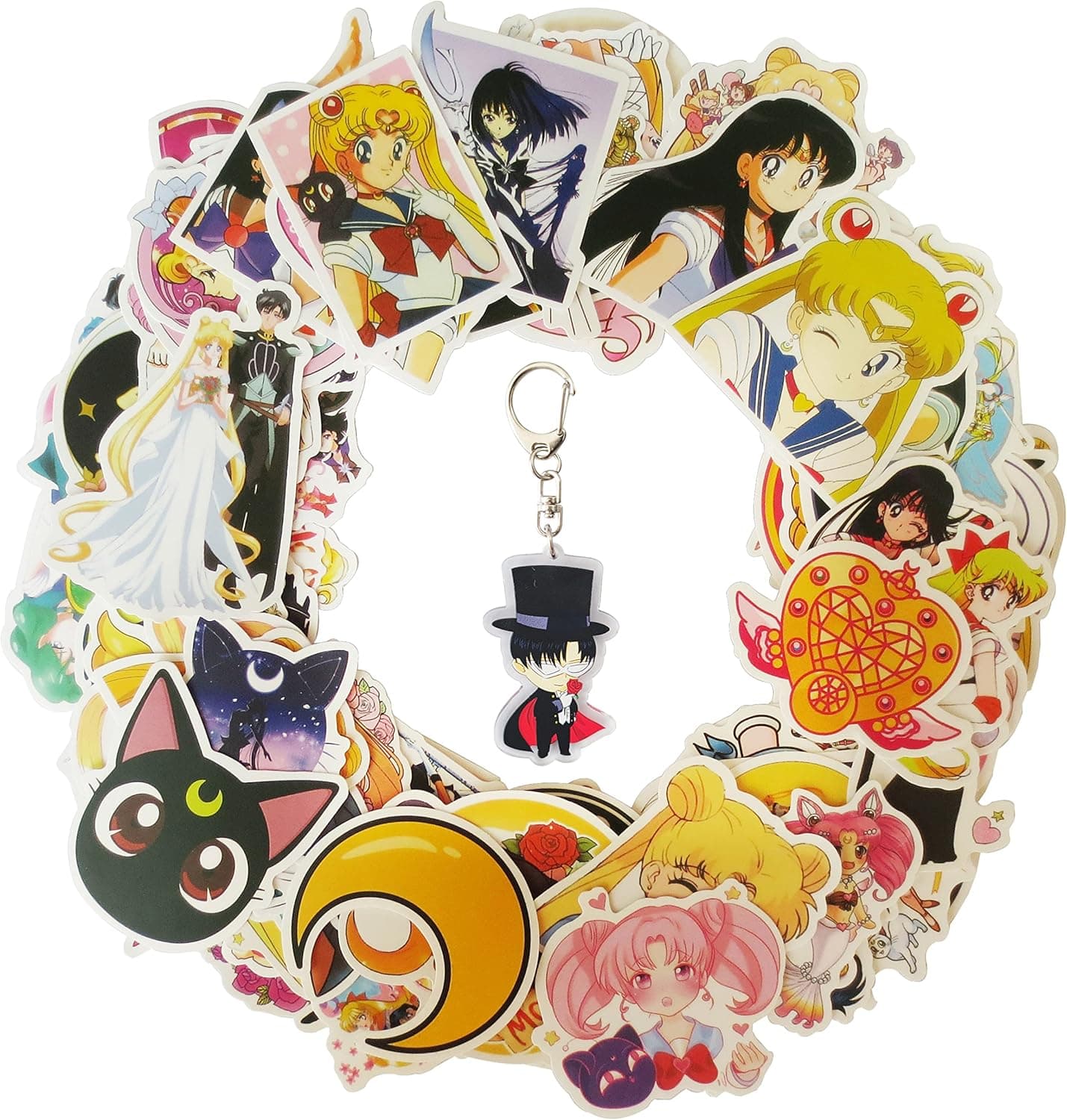 LMKZ 100PCS Sailor Moon Stickers for Water Bottles,Classic Japanese Cartoon Anime Waterproof Stickers for Laptop,Phone,Hydro Flask Travel Vinyl Kids Stickers (100pcs+Keychain(A))