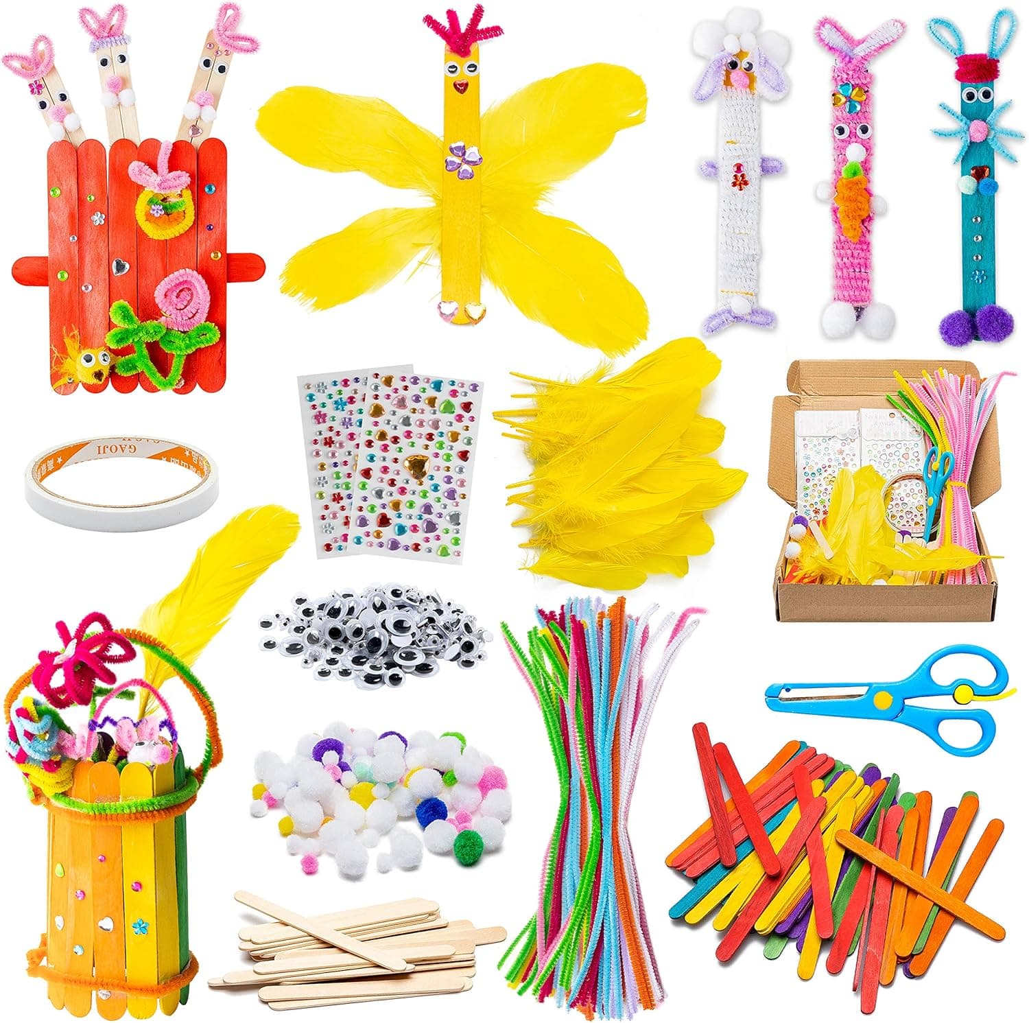 WATINC 280Pcs Wooden DIY Arts Craft Kit for Kids Make Your Own Bunny Chick Wood Crafts Wooden Stick Pompoms Pipe Cleaners Feather Wiggle Googly Eyes Crystal Stickers Gift Holiday Party Supplies
