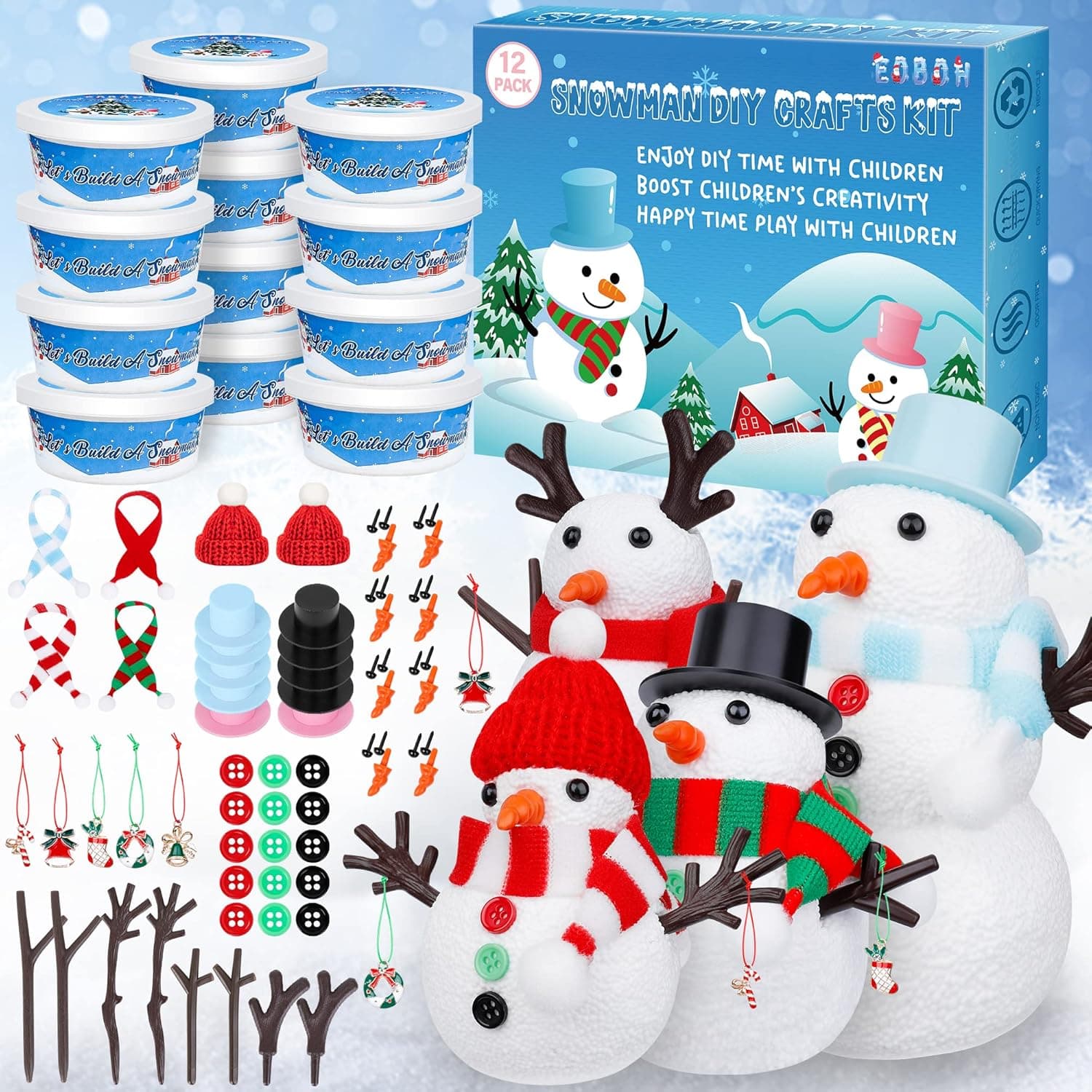 12 Pack Christmas Craft, DIY Snowman Kit for Kids, Build a Snowman Kit Indoor Decorations, Creative Kids Air Dry Modeling Clay, Xmas Activities Snowman Making Kit Gifts Toys for Holiday Favor Supplies