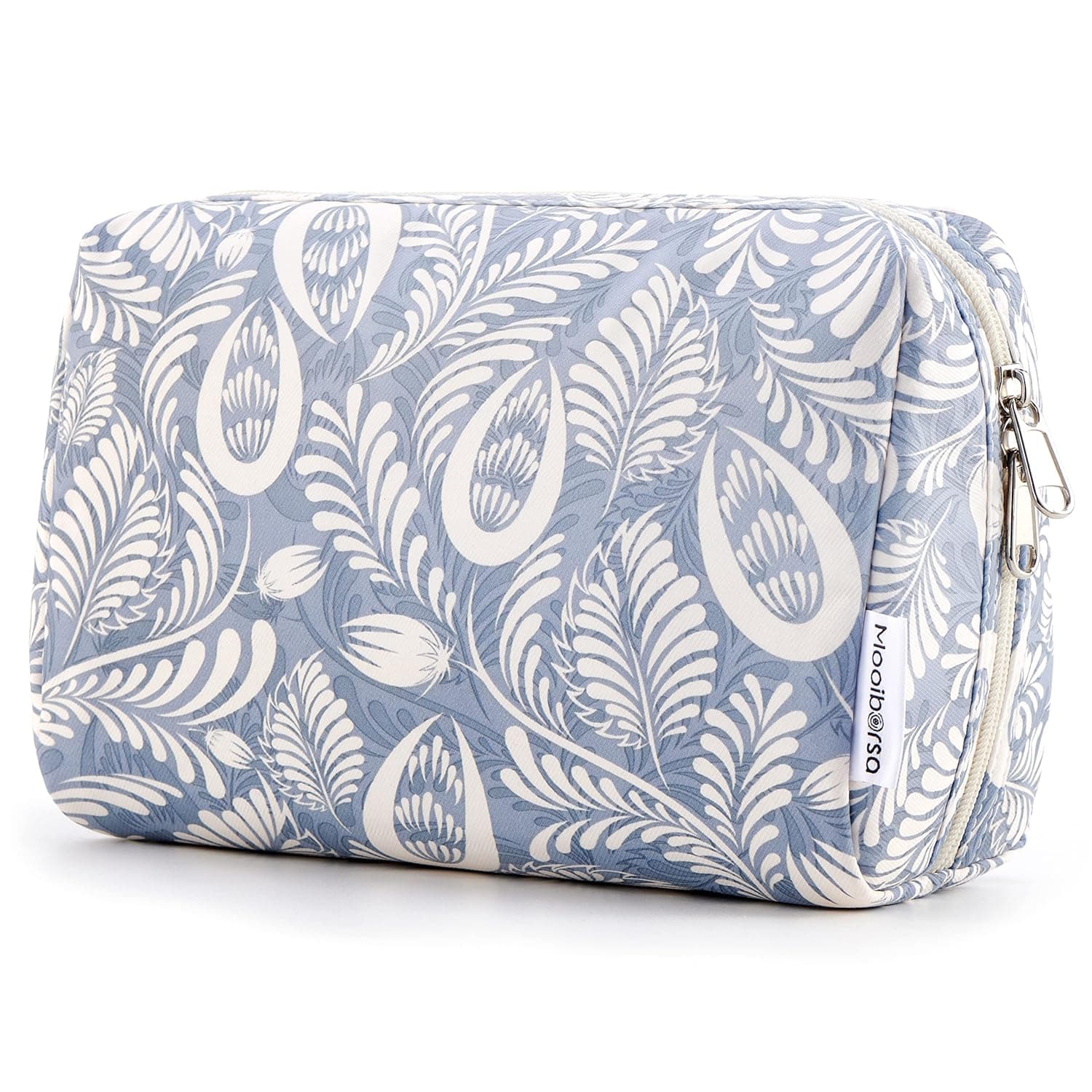 Mooiborsa Cosmetic Bag Large Makeup Bag Travel Make up Bag for Purse Water Resistant Zipper Pouch Organizer for Women and Girls,Blue Leaf