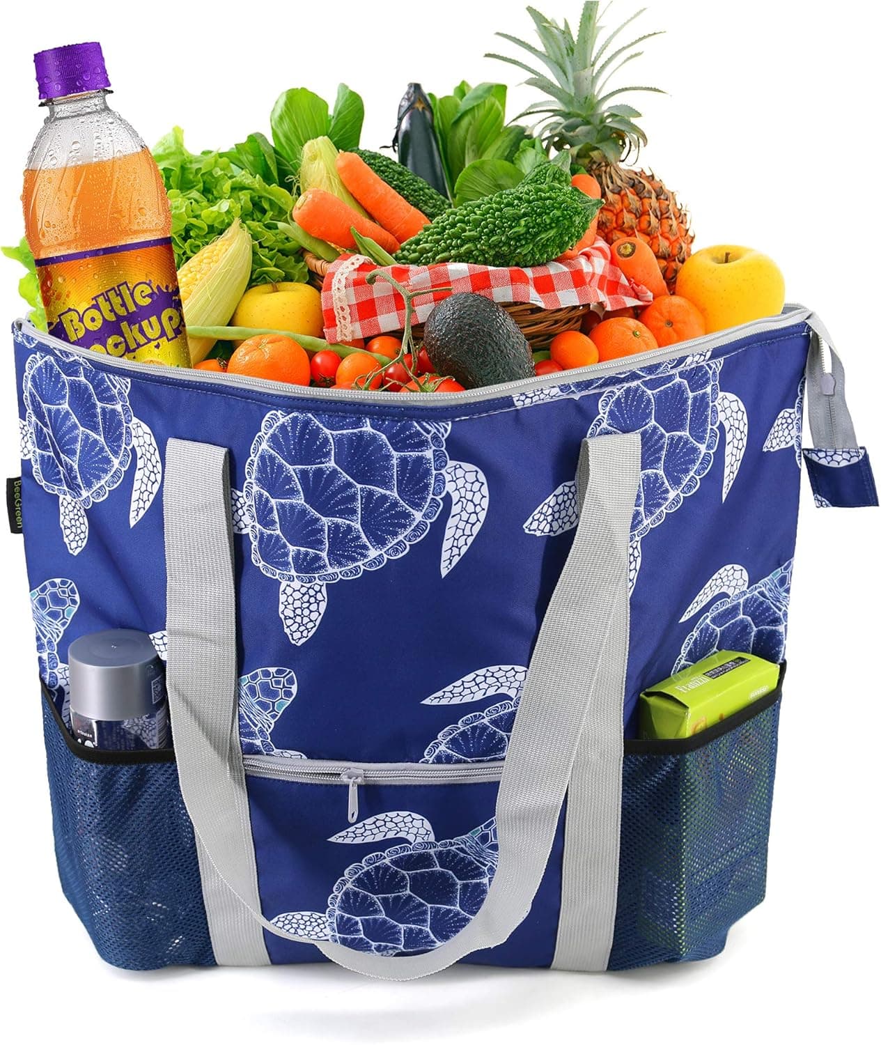 BeeGreen Reusable Cooler Bags Foldable Insulated Grocery Bag for Hot Frozen Food Transport Super Large Heavy Duty Ultimate Shopping Bag Travel Picnics Animal Printing Navy Turtle
