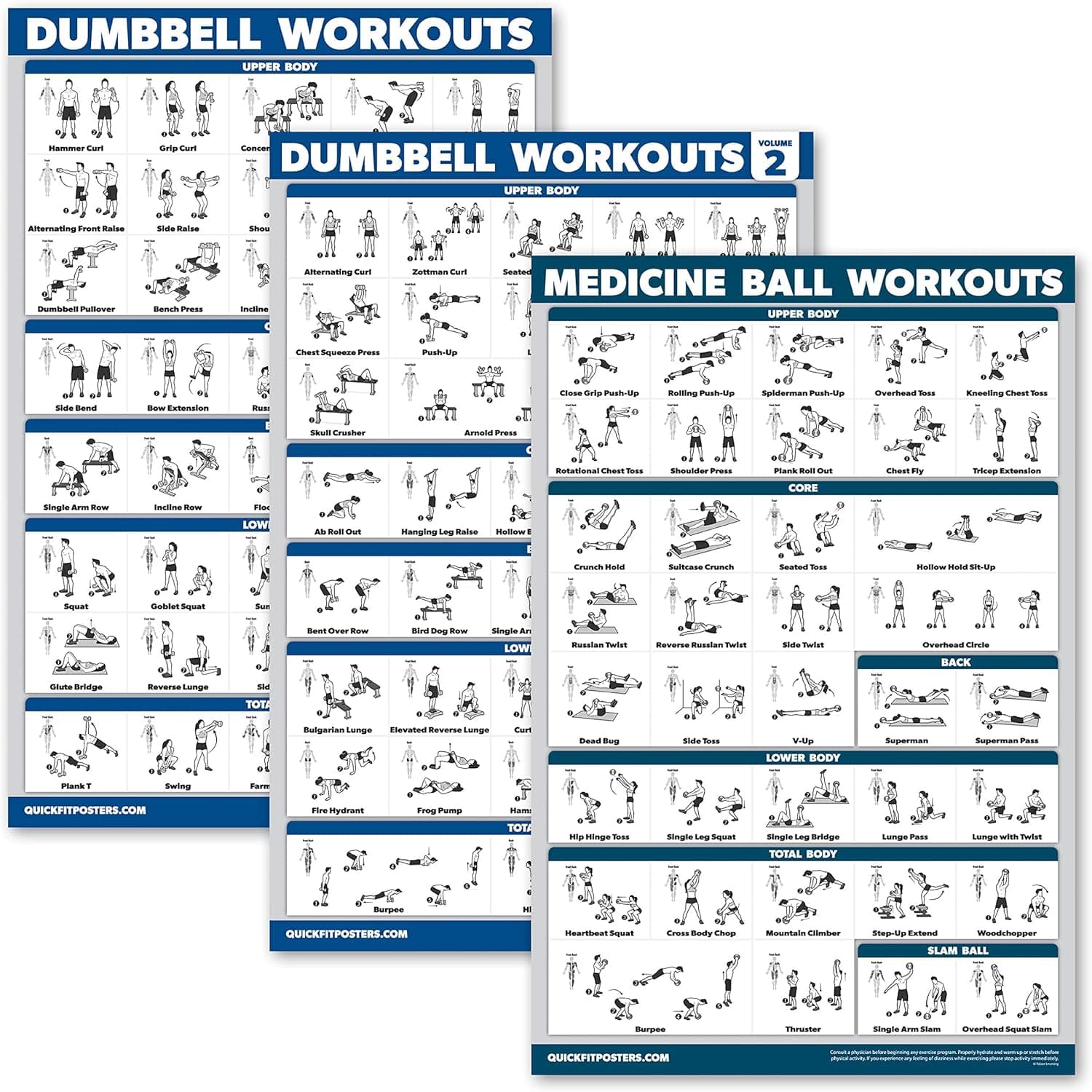 Palace Learning 3 Pack: Dumbbell Workouts Posters Volume 1 & 2 + Medicine Ball Exercises - Set of 3 Workout Charts