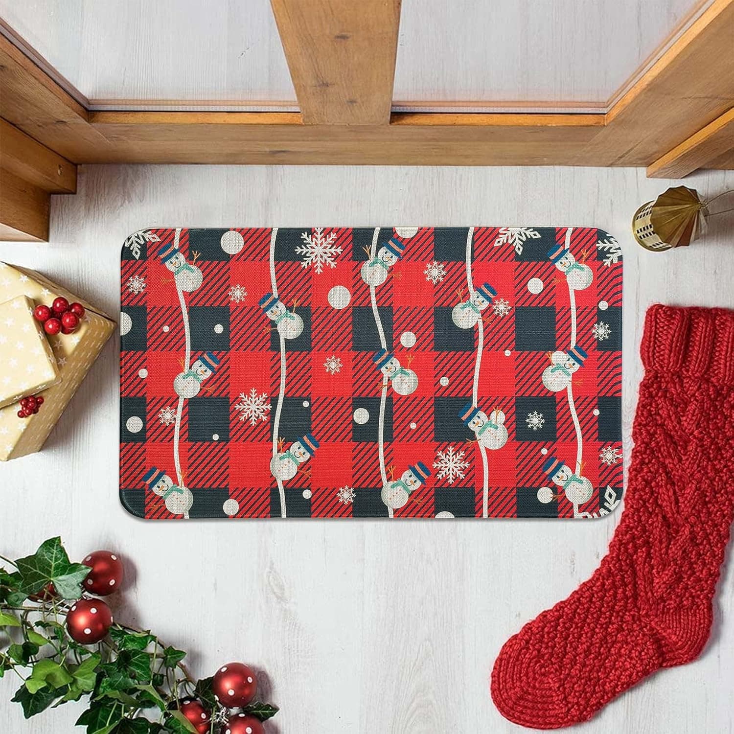 Merry Christmas Snowman Christmas Decorative Doormat (30"x17",Red), Seasonal Winter Xmas Doormat Low Profile Floor Mat Front Doormat Indoor Outdoor Door Rug Non Slip Rugs for Indoor Outdoor