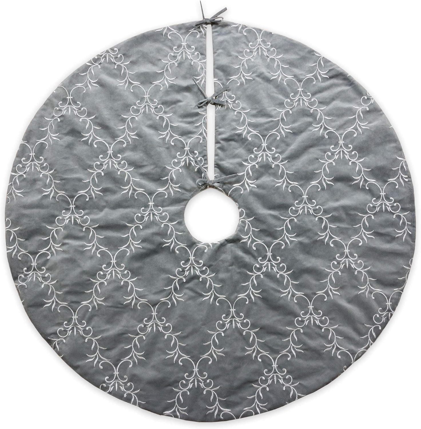 Homey COZY 56 inch Large Christmas Tree Skirt,Gray and Silver Floral Vine Luxury Embroidered Velvet Christmas Decoration - Holiday Wreath