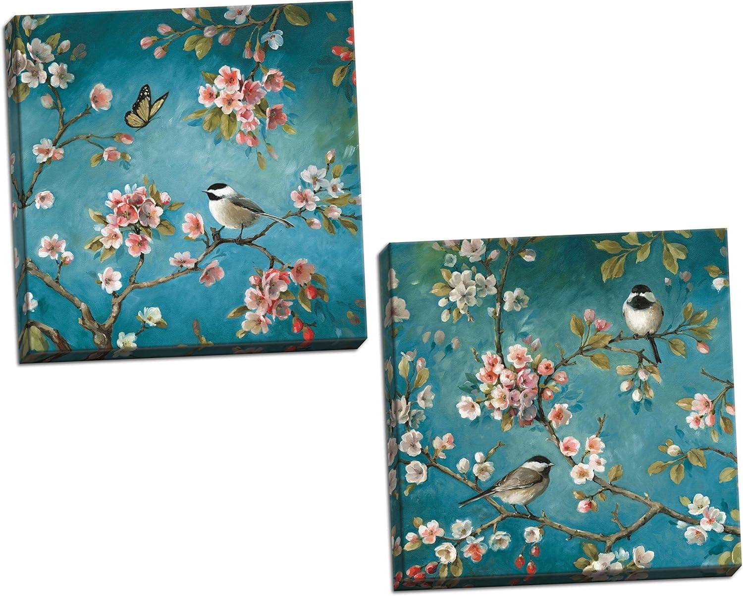 Gango Home Décor Beautiful Turquoise Cherry Blossom, Bird and Butterfly Print Set by Lisa Audit; Two 16x16in Hand-Stretched Canvases