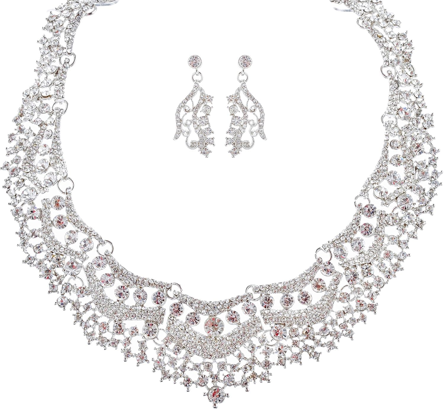 Accessoriesforever Bridal Wedding Prom Jewelry Set Crystal Rhinestones Stunning Bib Necklace Silver