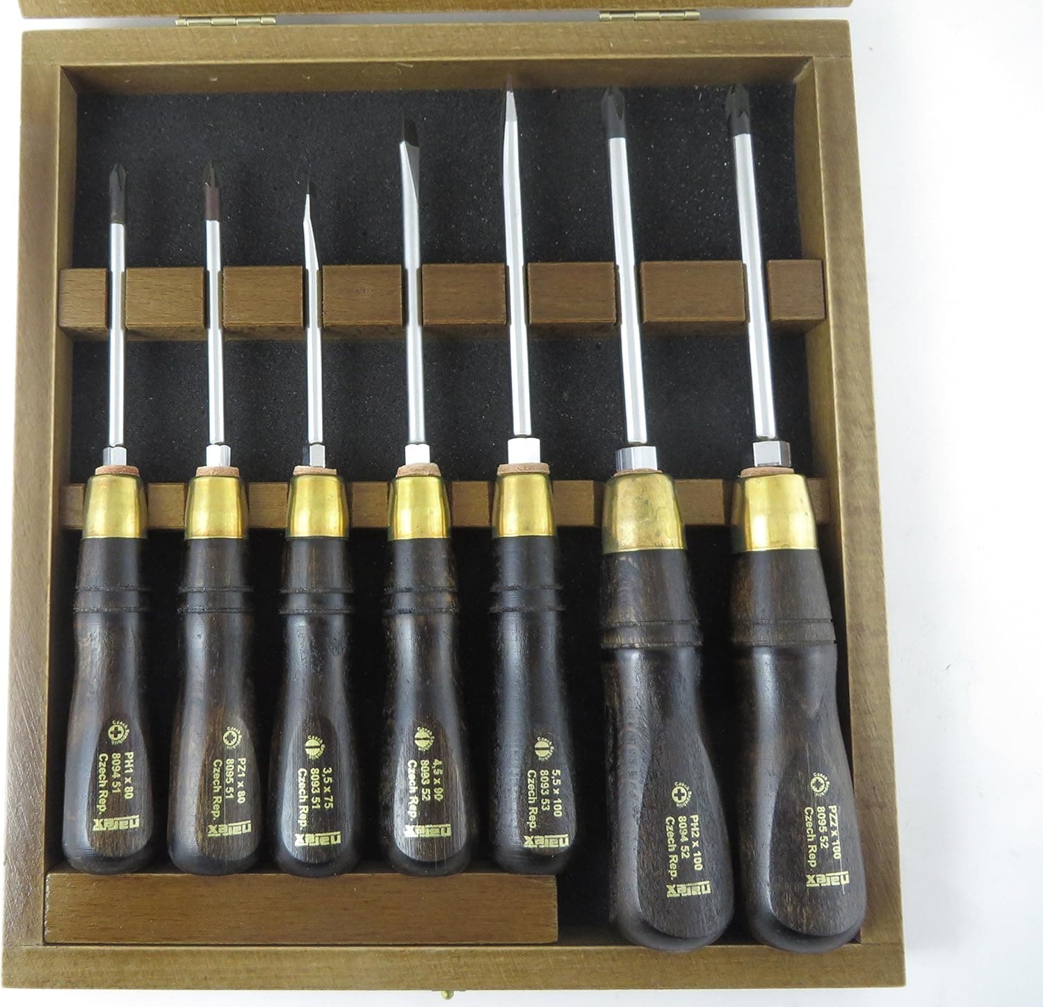 Narex 858110 7 Piece Screwdriver Set with PHs #1 and #2, Straight Slot #1, 2 and #3 and Pozi Drive #1 and #2, European Beech Handles, Wood Presentation Box