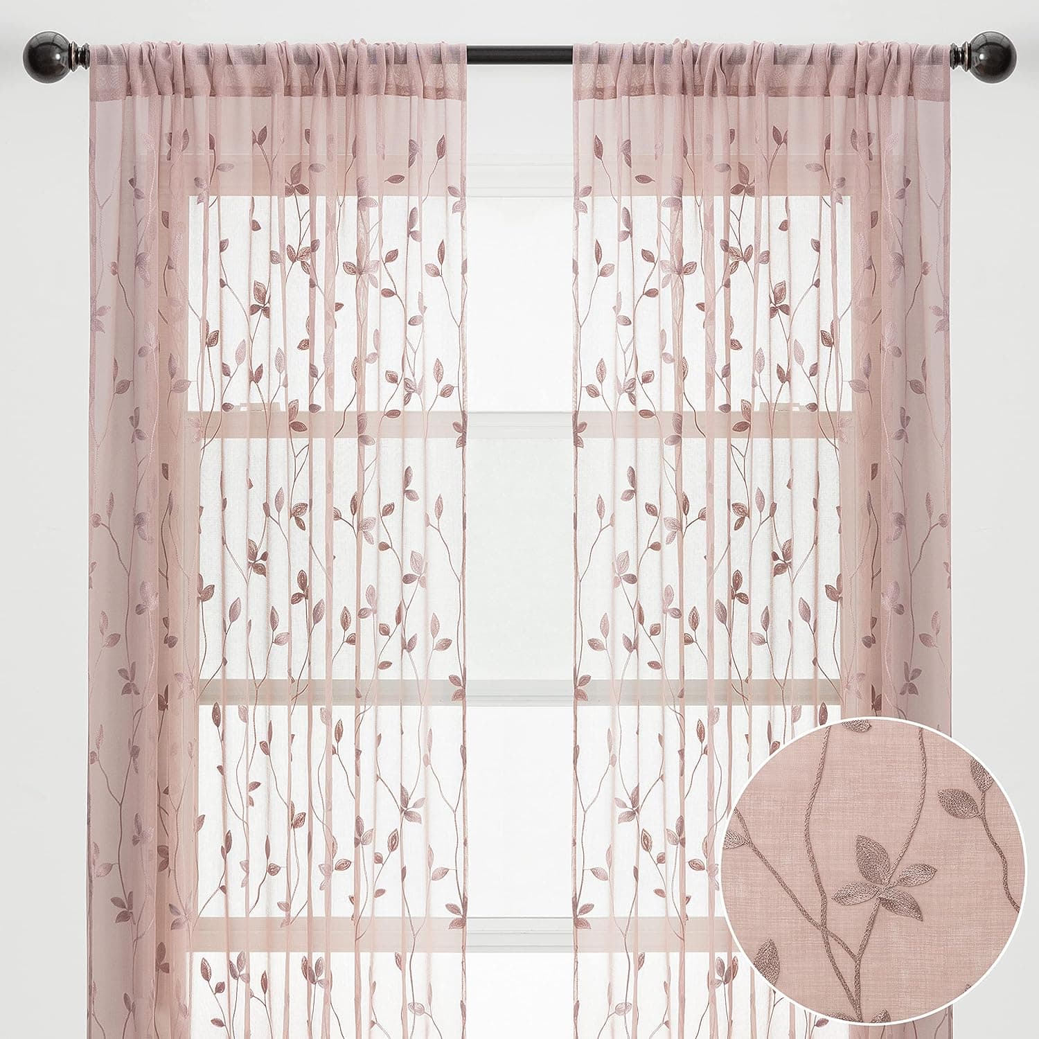 Chanasya Blush Pink Sheer Curtains 2 Panels Set - Embroidered Vine Leaf Patterned Elegant Chic Curtain Panels for Window Living Room Bedroom Kitchen - Light Filtering 84 Inch Long Curtain - Rose Dust