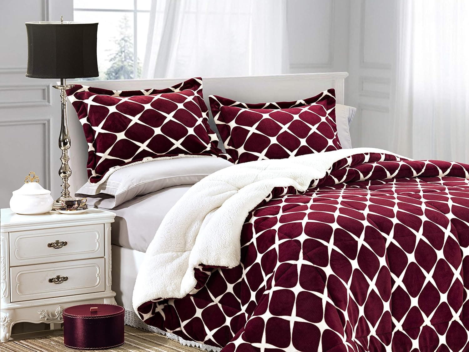 Elegant Comfort Softest, Coziest Premium Quality Heavy Weight Pattern Micromink Sherpa-Backing Reversible Down Alternative Micro-Suede 3-Piece Comforter Set, Full, Bloomingdale Burgundy