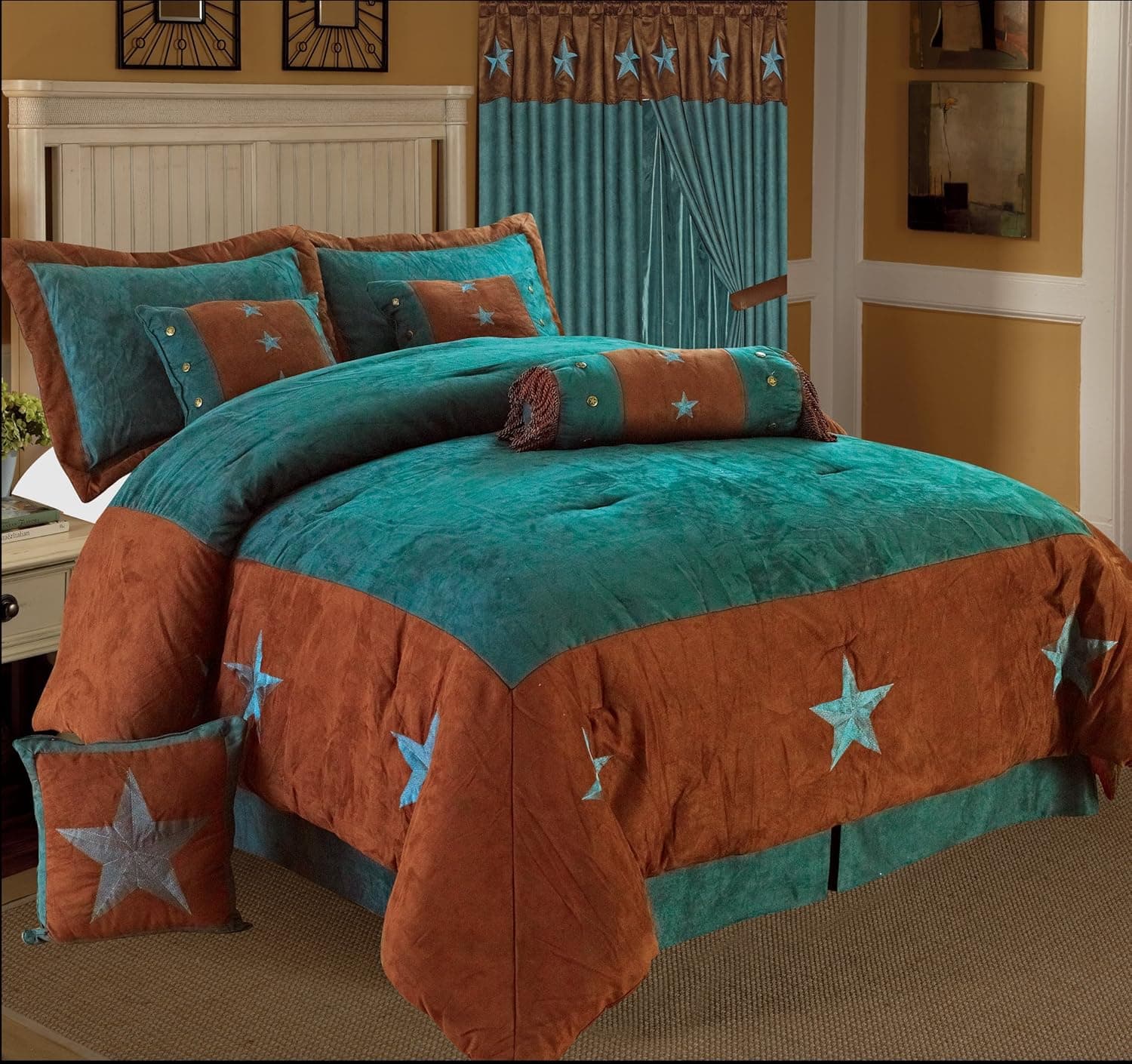 GoCowgirl 7 Pieces Luxury Western Lodge Oversize Comforter Set Lone Star Micro Suede (Queen, Turquoise)